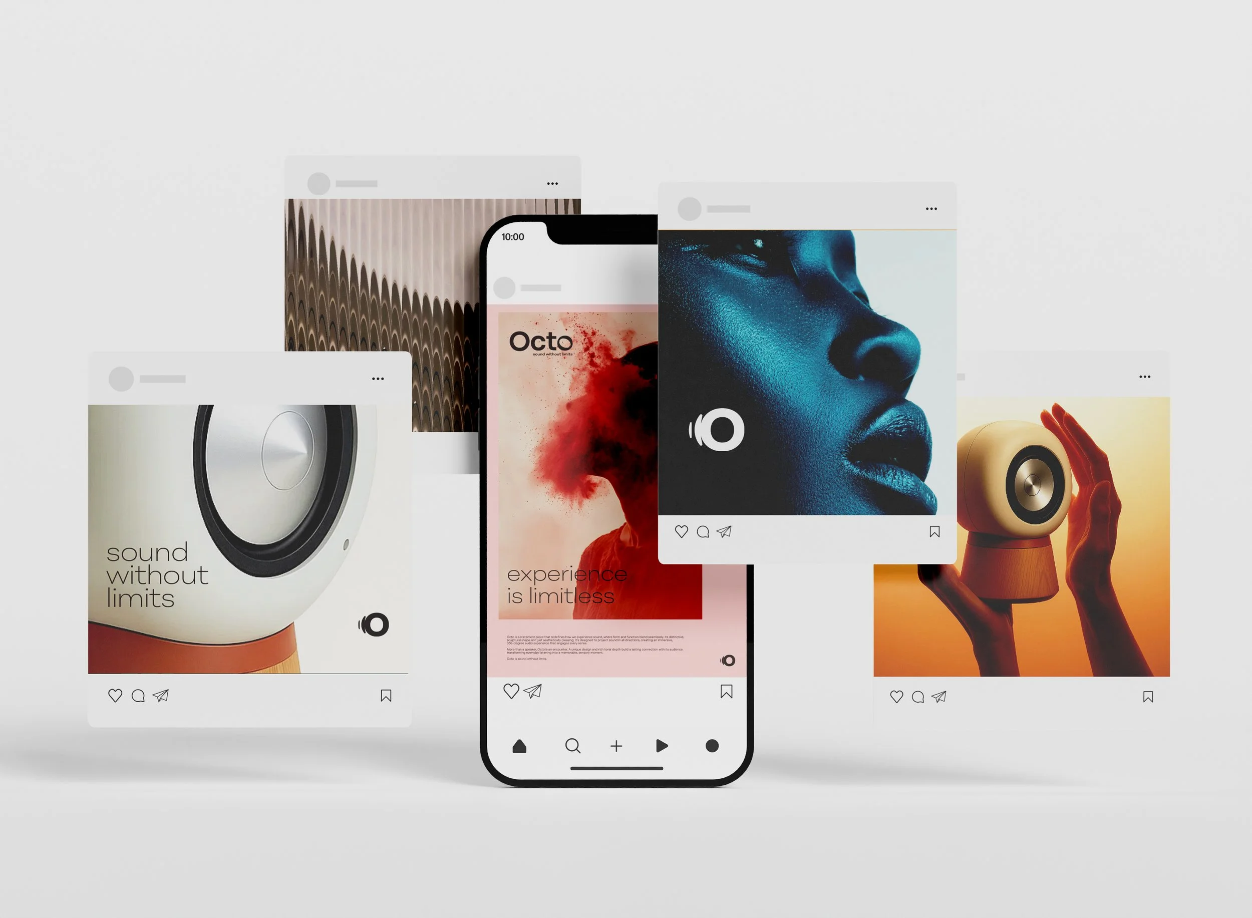 Multiple digital devices and screens displaying social media posts and advertisements related to audio technology, music, and entertainment