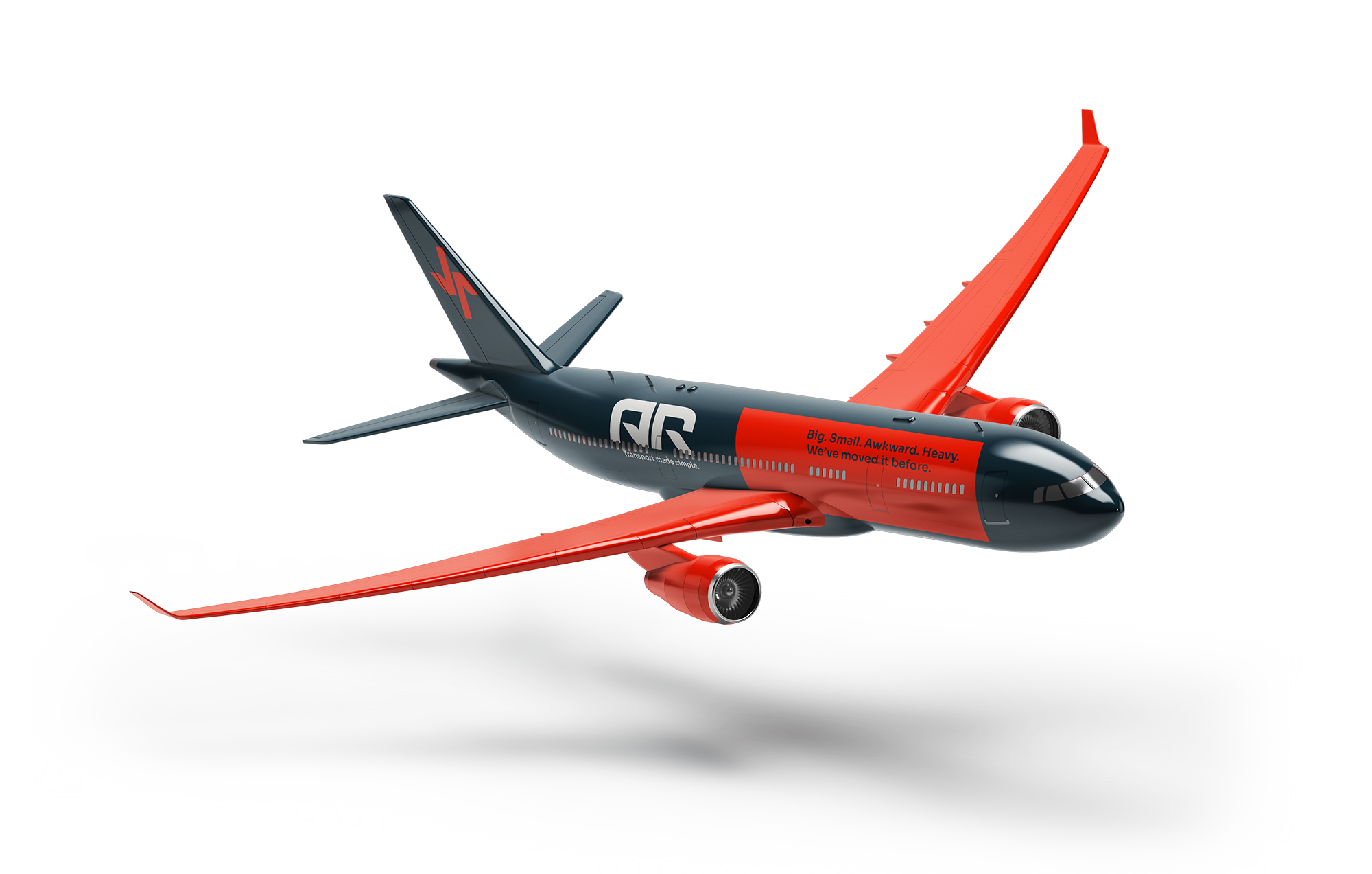 A commercial airplane painted in black and red with the words "Big. Small. Awkward. Heavy. We've moved it before." written on the fuselage, flying above a white, fluffy cloud.