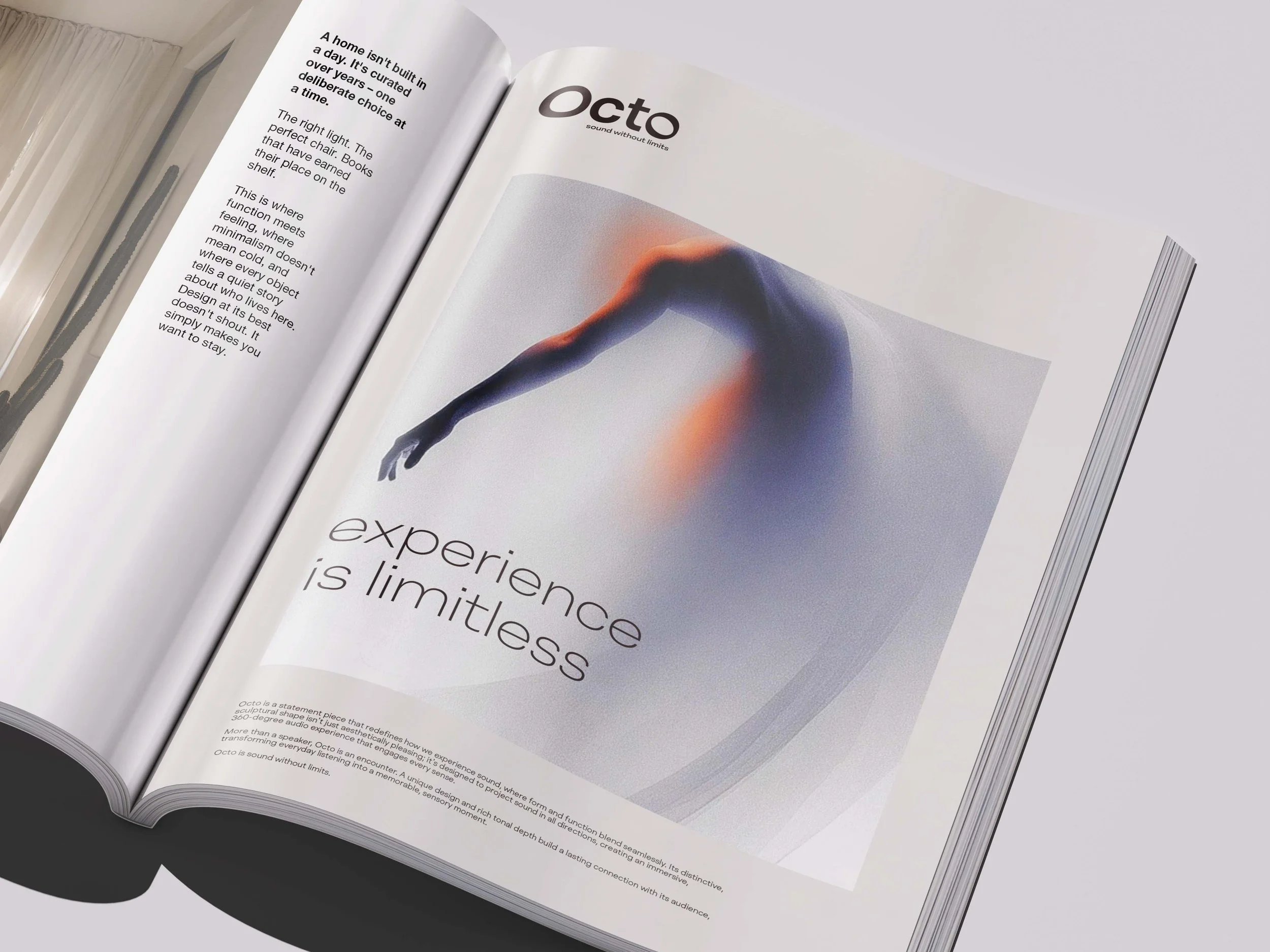 Open magazine displaying an article about Octo with a large image of a human figure in a stretching pose and white background.