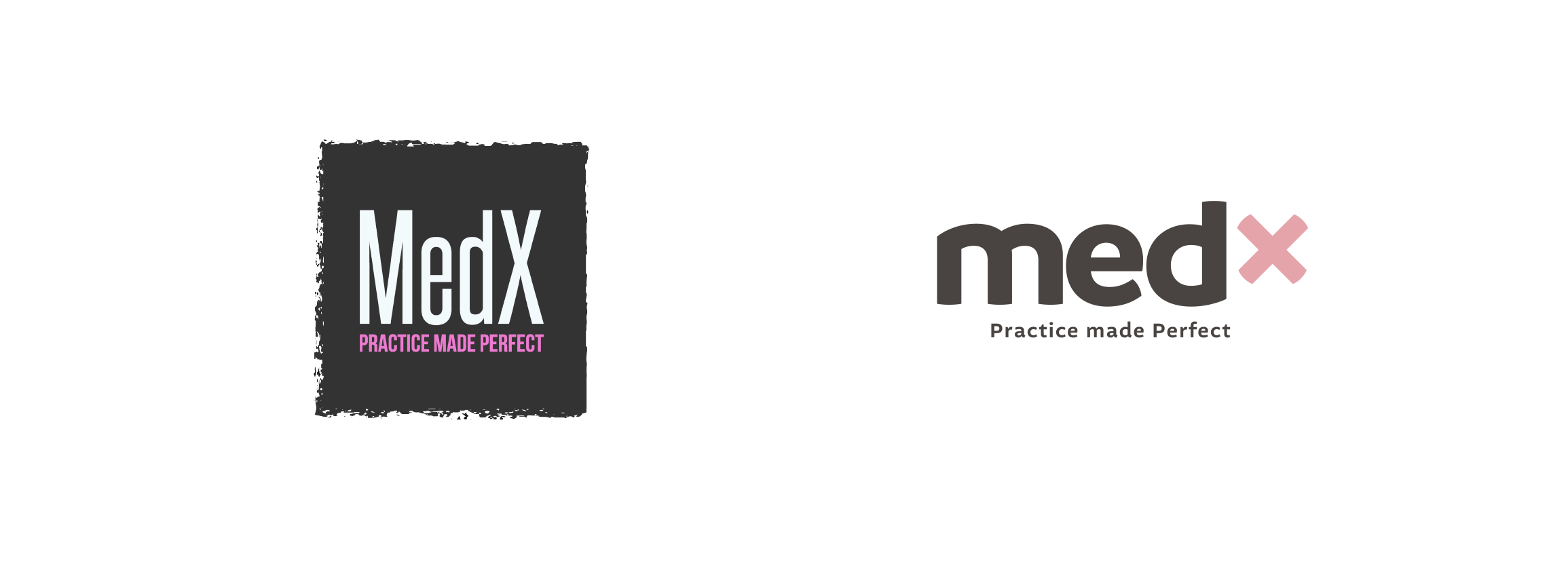 MedX existing logo design and the refreshed design with lowercase wordmark and pink "X" brand mark.