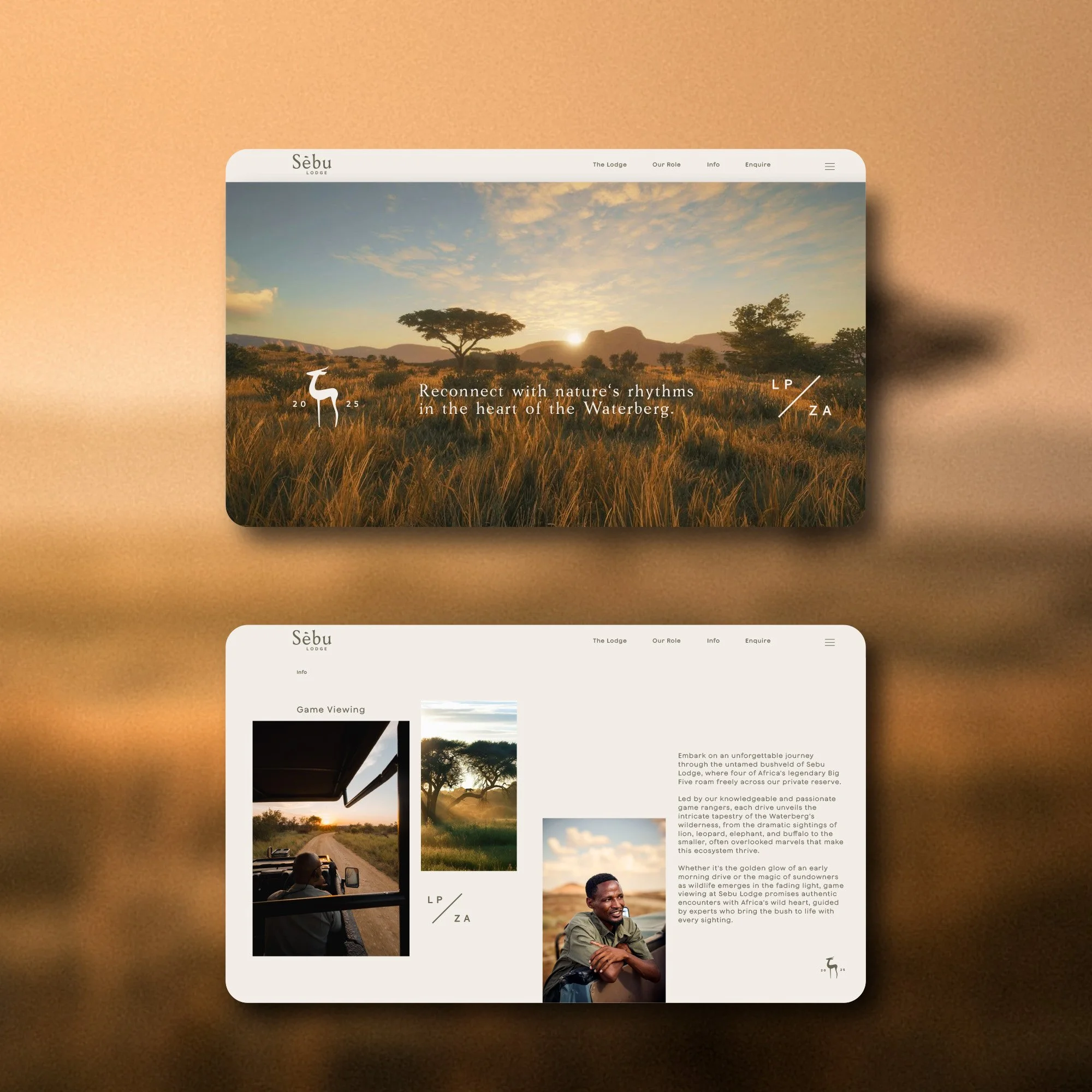 Website design featuring a safari lodge called Sebu Lodge with images of the African landscape, animals, and a person on a safari adventure, with text about reconnecting with nature and game viewing.