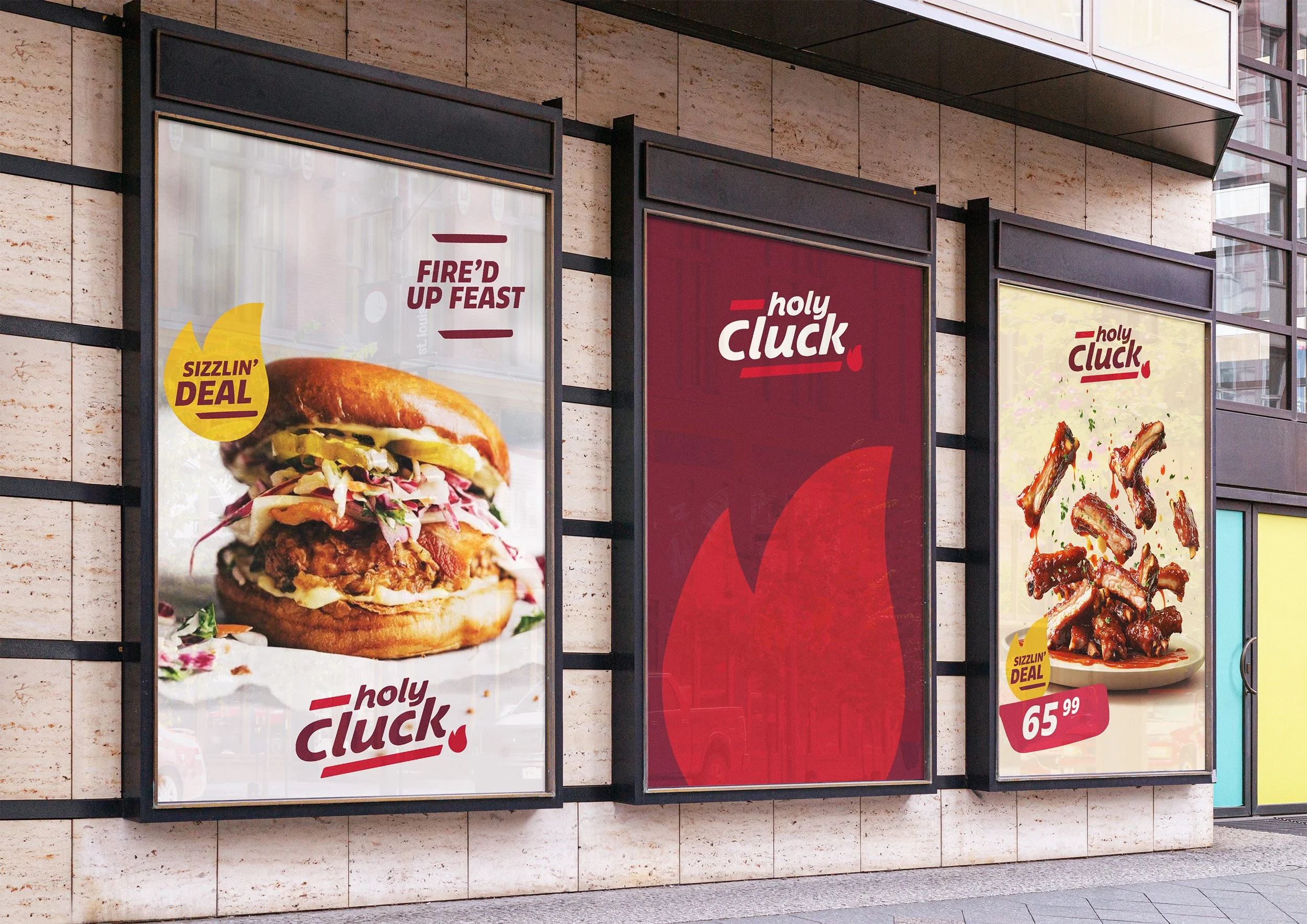 Three advertising posters on a beige brick wall outside a fast food restaurant. The first poster shows a close-up of a hamburger with toppings, with text 'Fire'd Up Feast' and 'Sizzlin' Deal'. The second poster is red with the text 'holy cluck' and a drop icon. The third poster depicts a plate of glazed ribs with a price of '$6.59' and the text 'Sizzlin' Deal'.