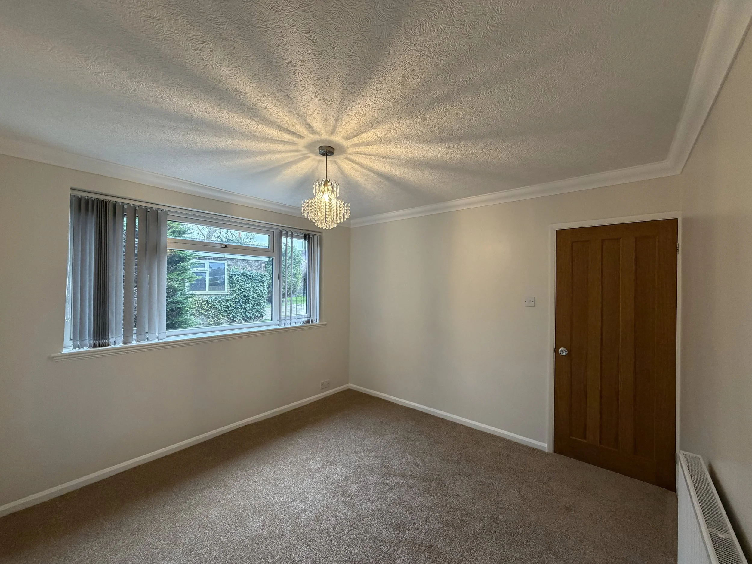 Empty room with beige carpet, white walls, a large window with vertical blinds, a wooden door, a small chandelier, and a radiator.