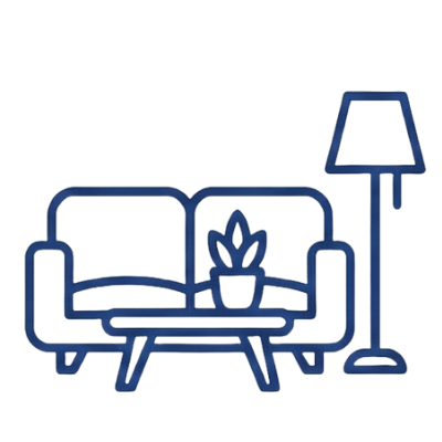 Illustration of a modern living room with a blue sofa, a potted plant in the center, a coffee table, and a standing lamp.
