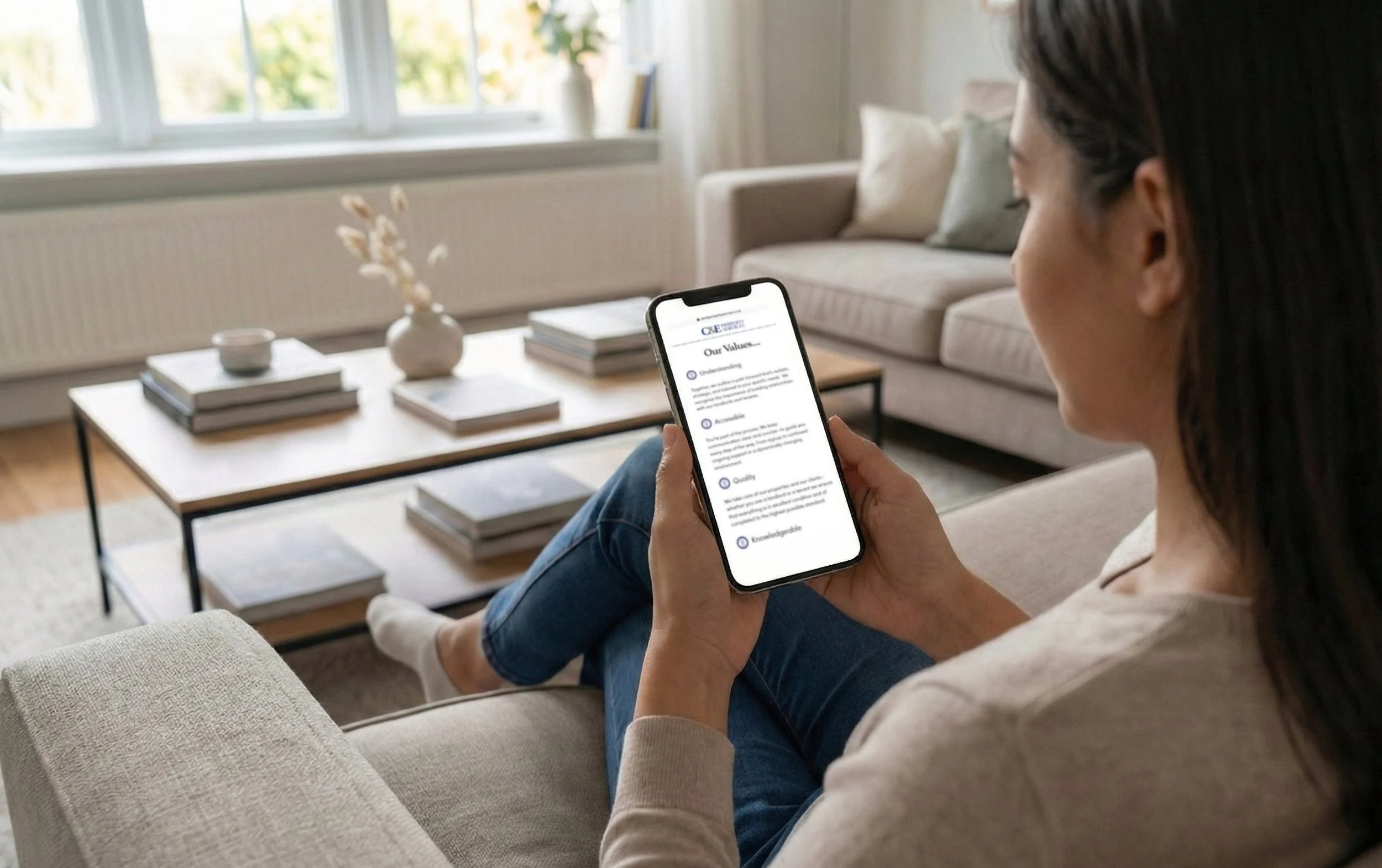 Woman sitting on a beige sofa in a living room, looking at her smartphone with a list of values on screen, with a coffee table and window in the background.