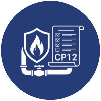 Fire safety and inspection icon with a shield, flame, checklist, and pipe with a valve