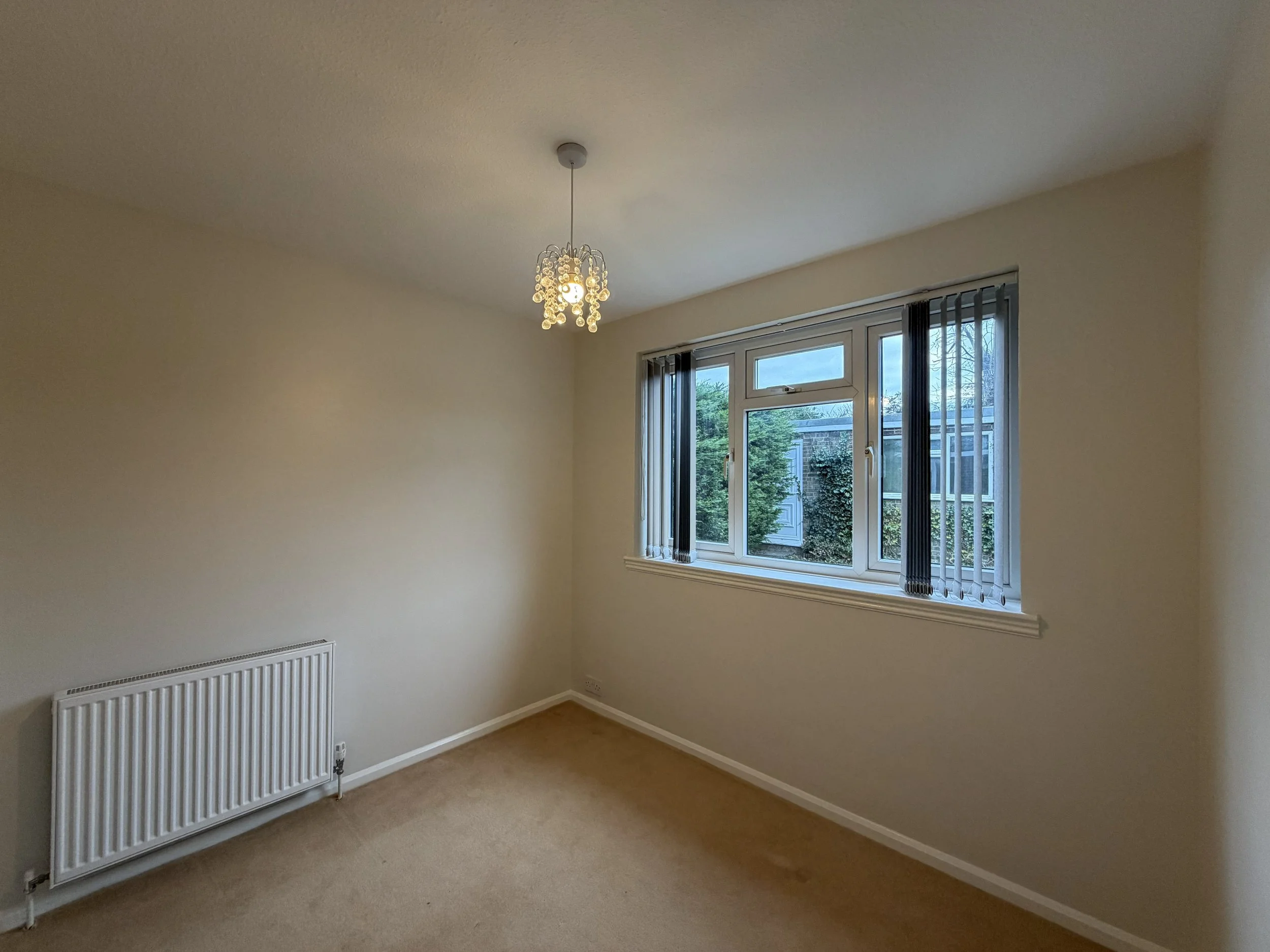 Empty room with beige carpet, white walls, a radiator, a large window with vertical blinds, and a small chandelier ceiling light.