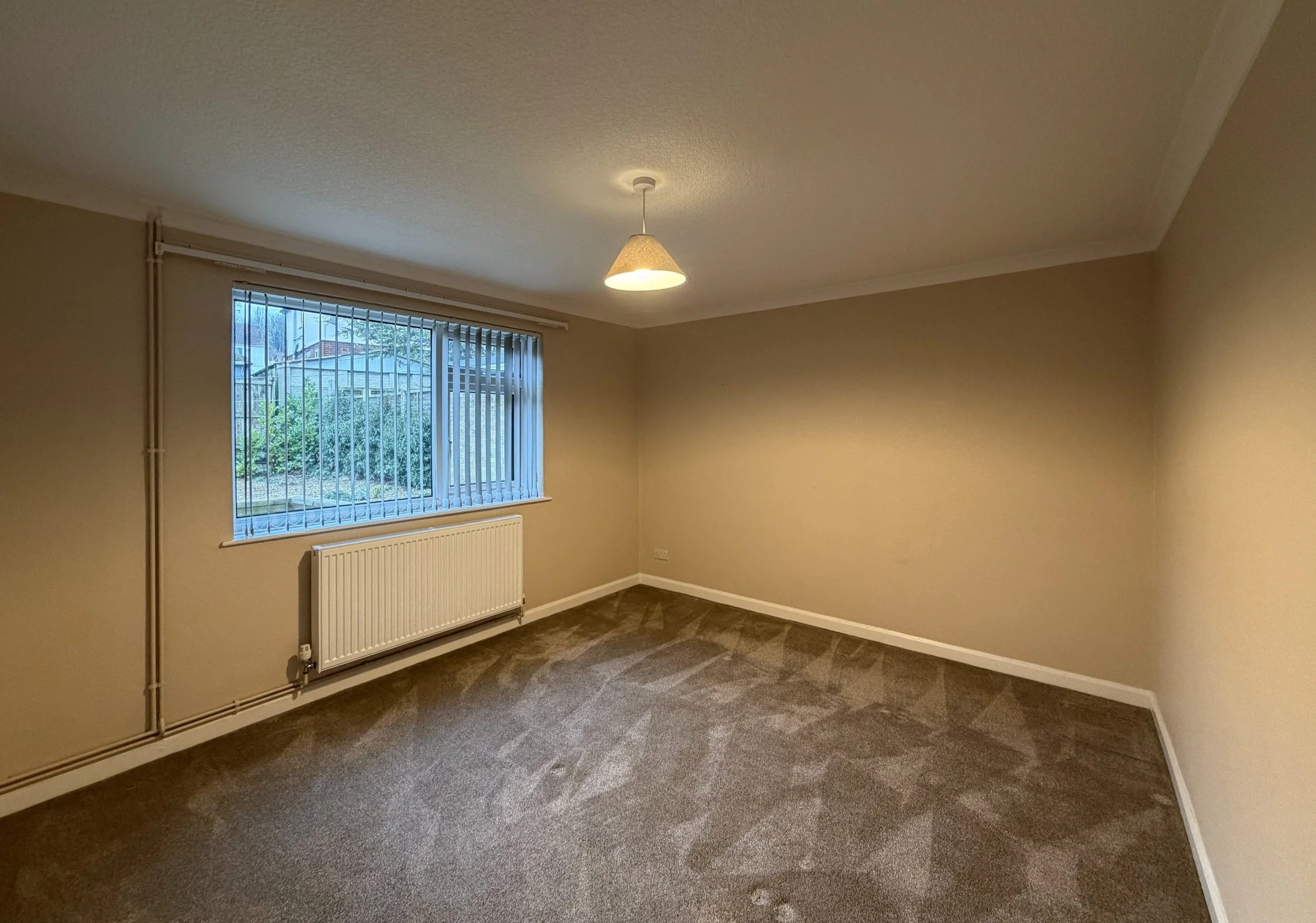 Empty living room with beige walls, carpeted floor, window with blinds, radiator, and ceiling light fixture.