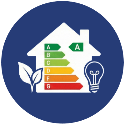 A house with an energy efficiency rating scale from A to G, a leaf symbol, and a light bulb, all on a blue background.