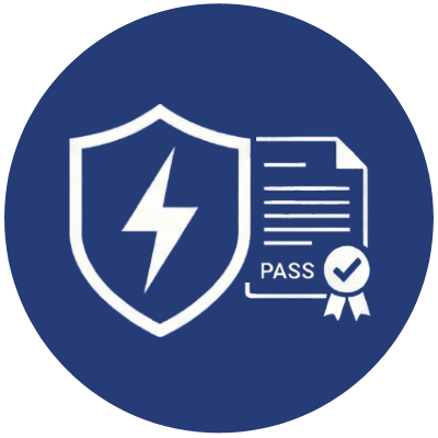 Shield with a lightning bolt, document with 'PASS' and a checkmark, representing security certification