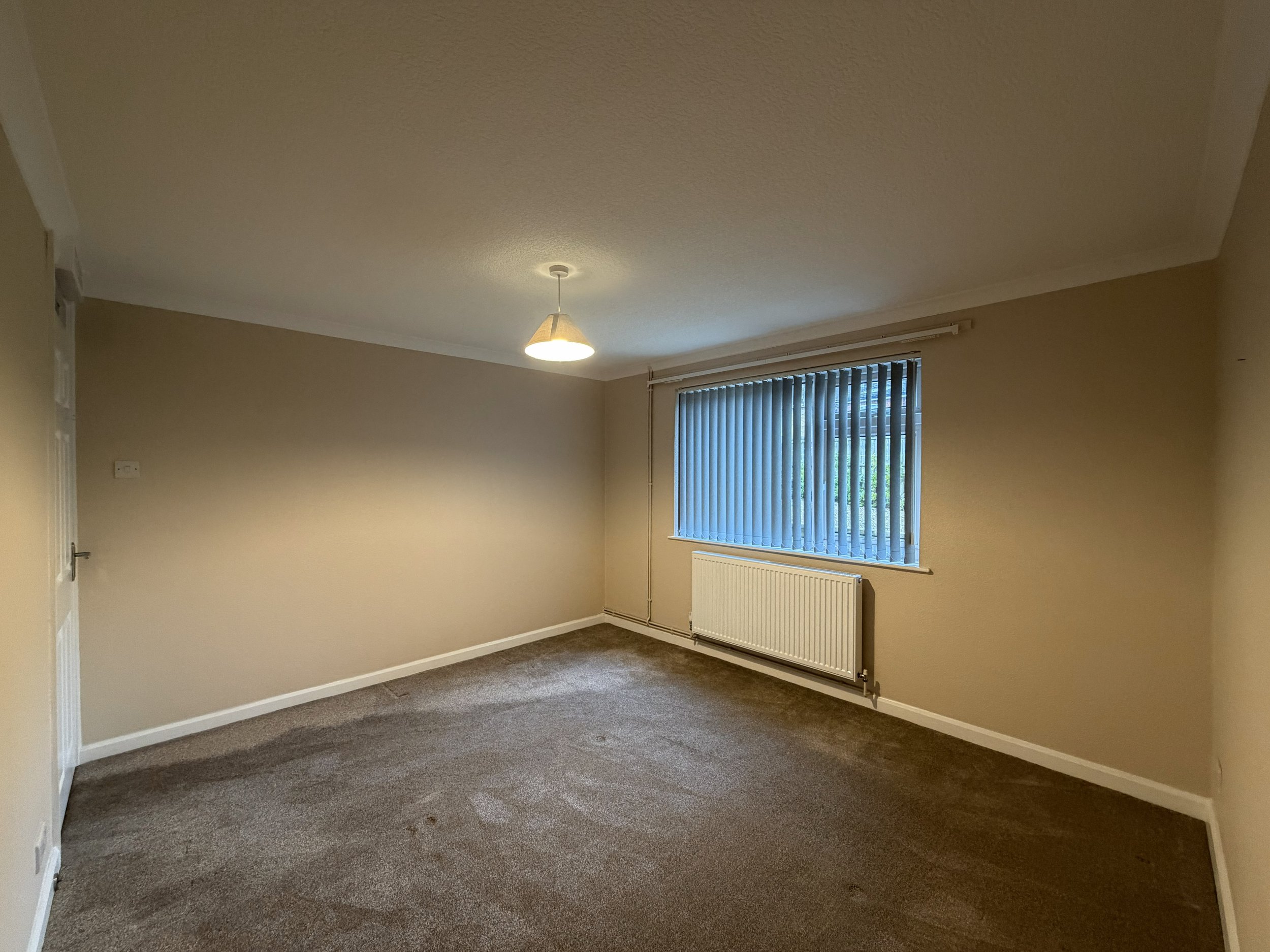 Empty living room with beige walls, a window with vertical blinds, carpeted floor, radiator under the window, and ceiling light fixture.