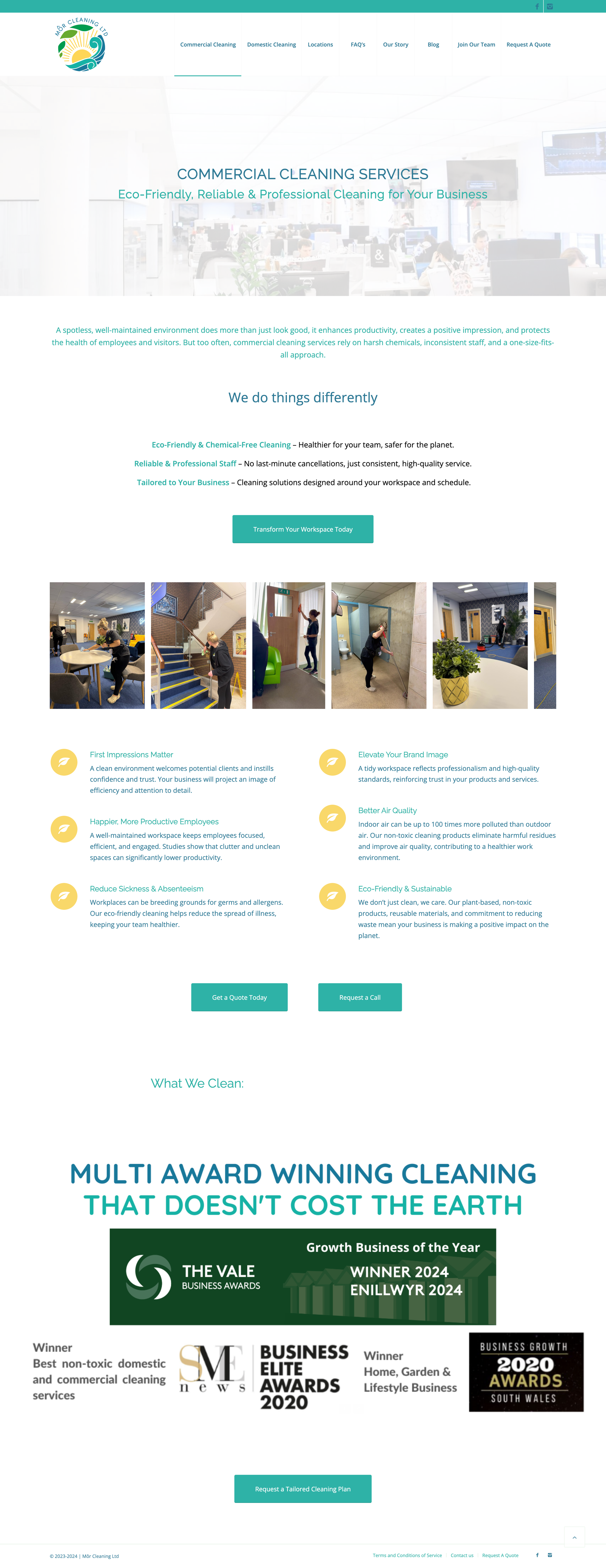 The Commercial Cleaning landing page for Môr Cleaning: structured to showcase specialized services for offices, surgeries, and schools.