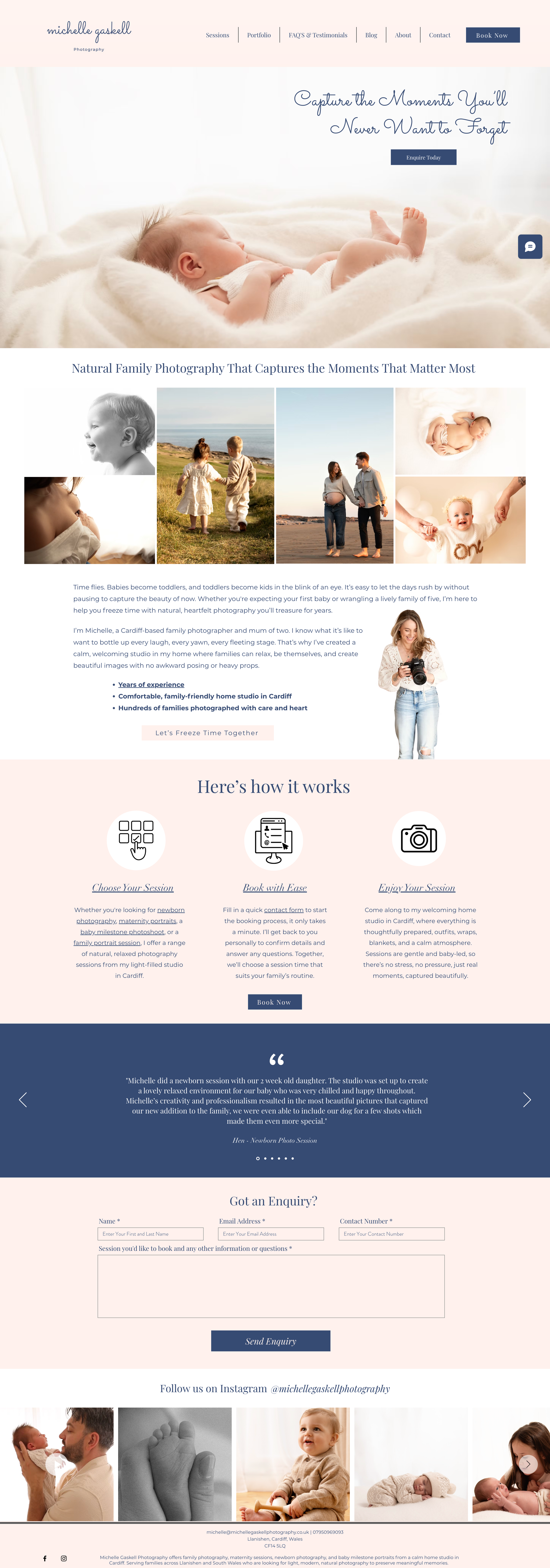 The redesigned Michelle Gaskell Photography homepage featuring a professional user journey and clear calls to action to book a session.