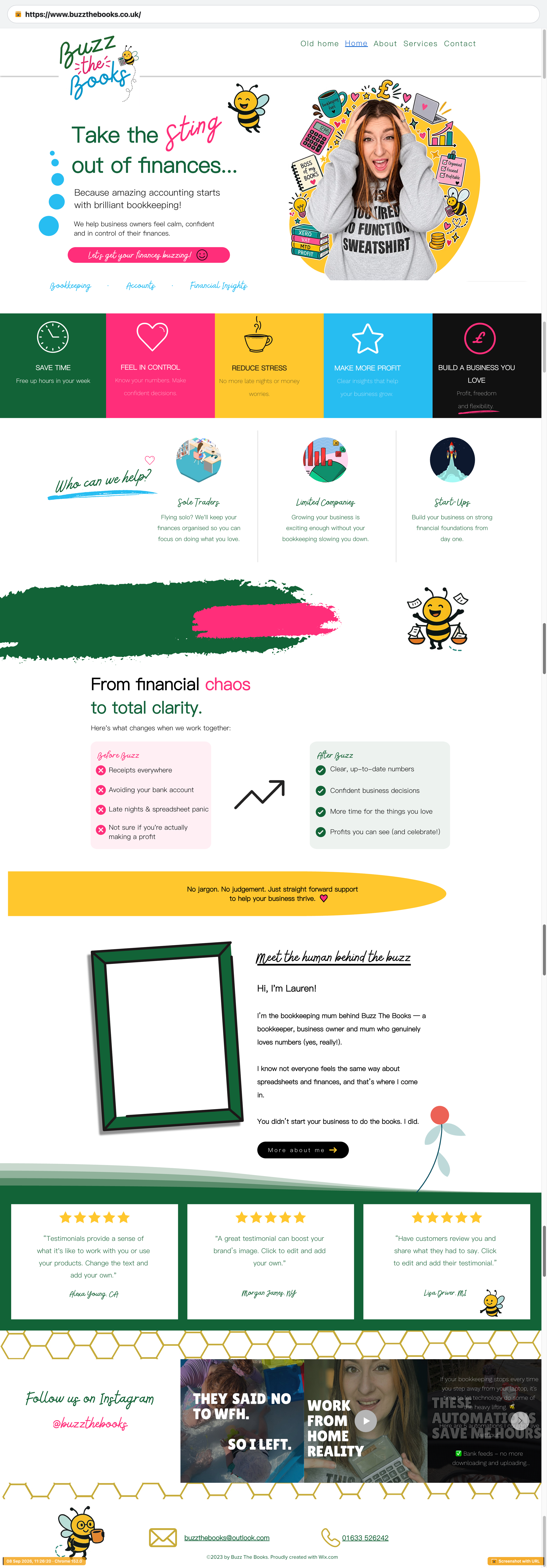 The original Buzz the Books homepage before the custom redesign, with a fun brand but no clear strategy-led structure for busy business owners.