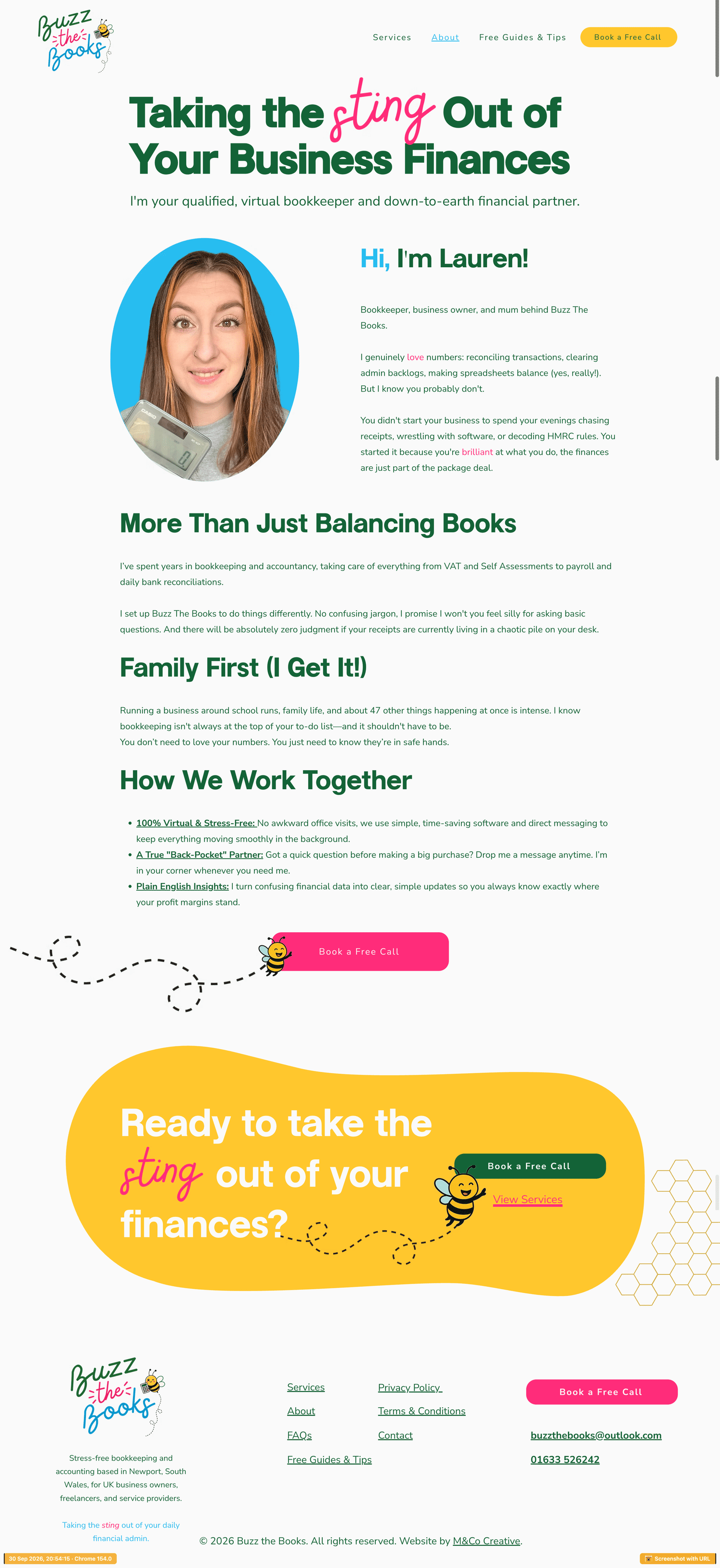 The redesigned Buzz the Books About page, built around Lauren's story and business goals with her fun brand toned for a professional finance audience.