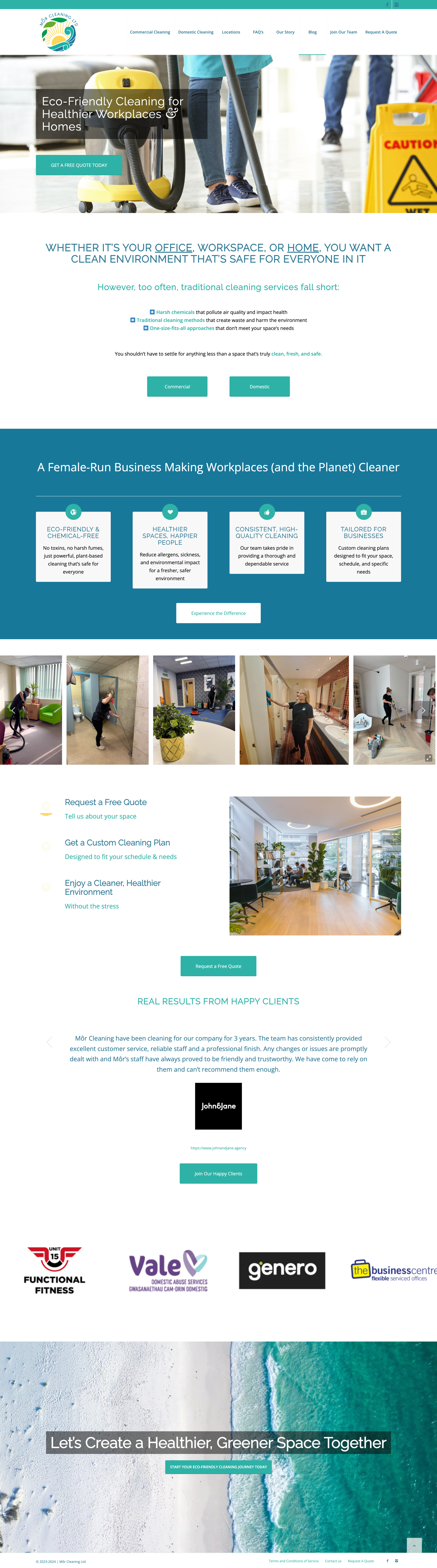 The redesigned Môr Cleaning homepage: a strategic entry point designed to guide both home and business owners through a clear, non-toxic cleaning narrative.