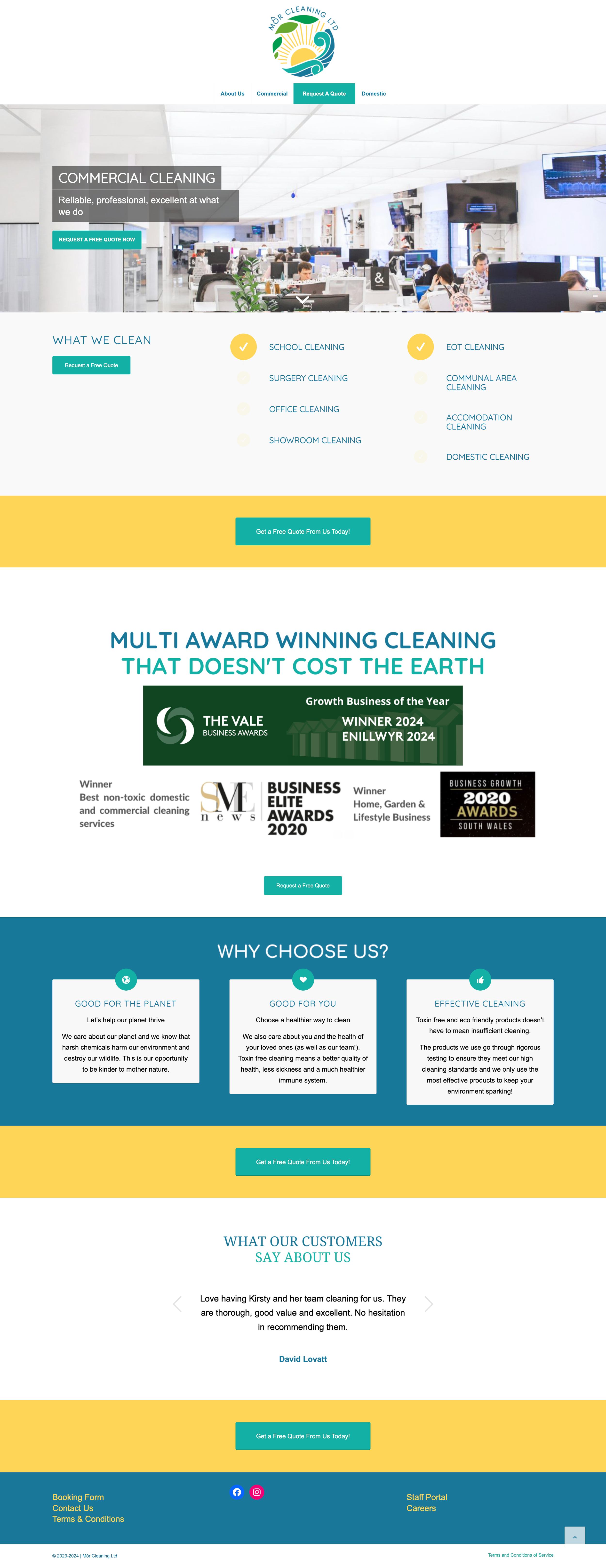 The original Môr Cleaning homepage: a functional but high-contrast layout that featured multiple competing messages and lacked a clear, single customer journey.