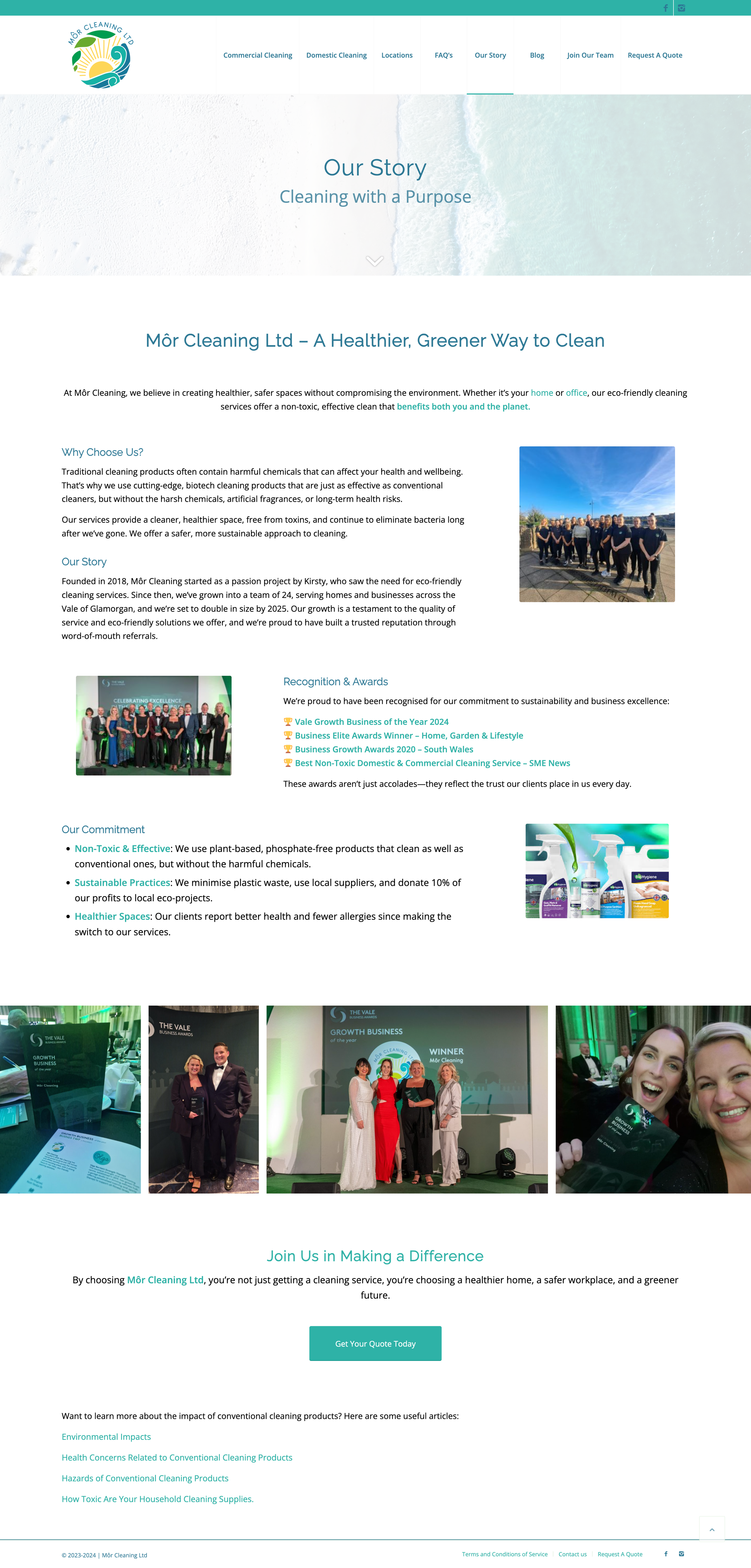 The Môr Cleaning 'Our Story' page redesign: focusing on brand values, their team of 24, and their commitment to eco-friendly growth.