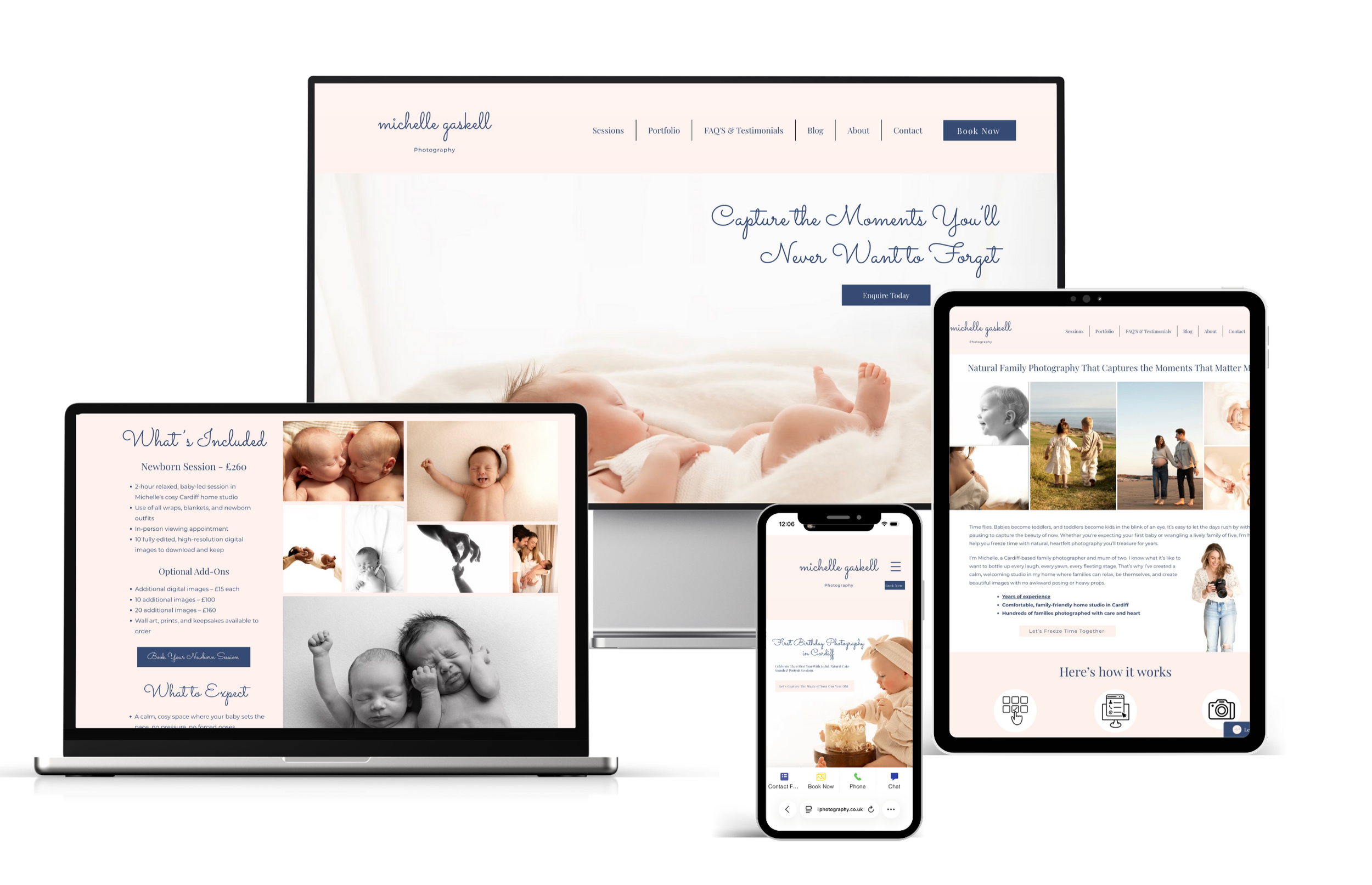 A strategic website redesign for Michelle Gaskell Photography showing a 290% increase in booking enquiries.
