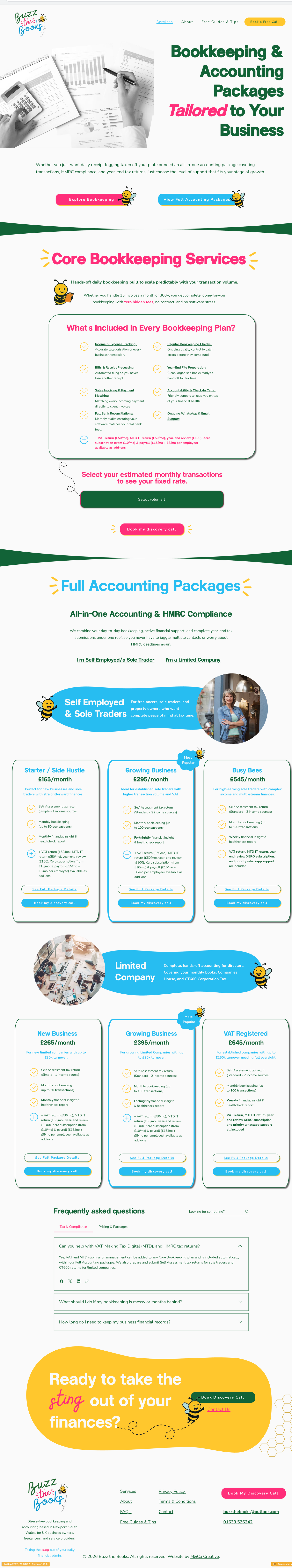 The redesigned Buzz the Books Services page, with clear service information for busy business owners and a simple route to getting in touch.