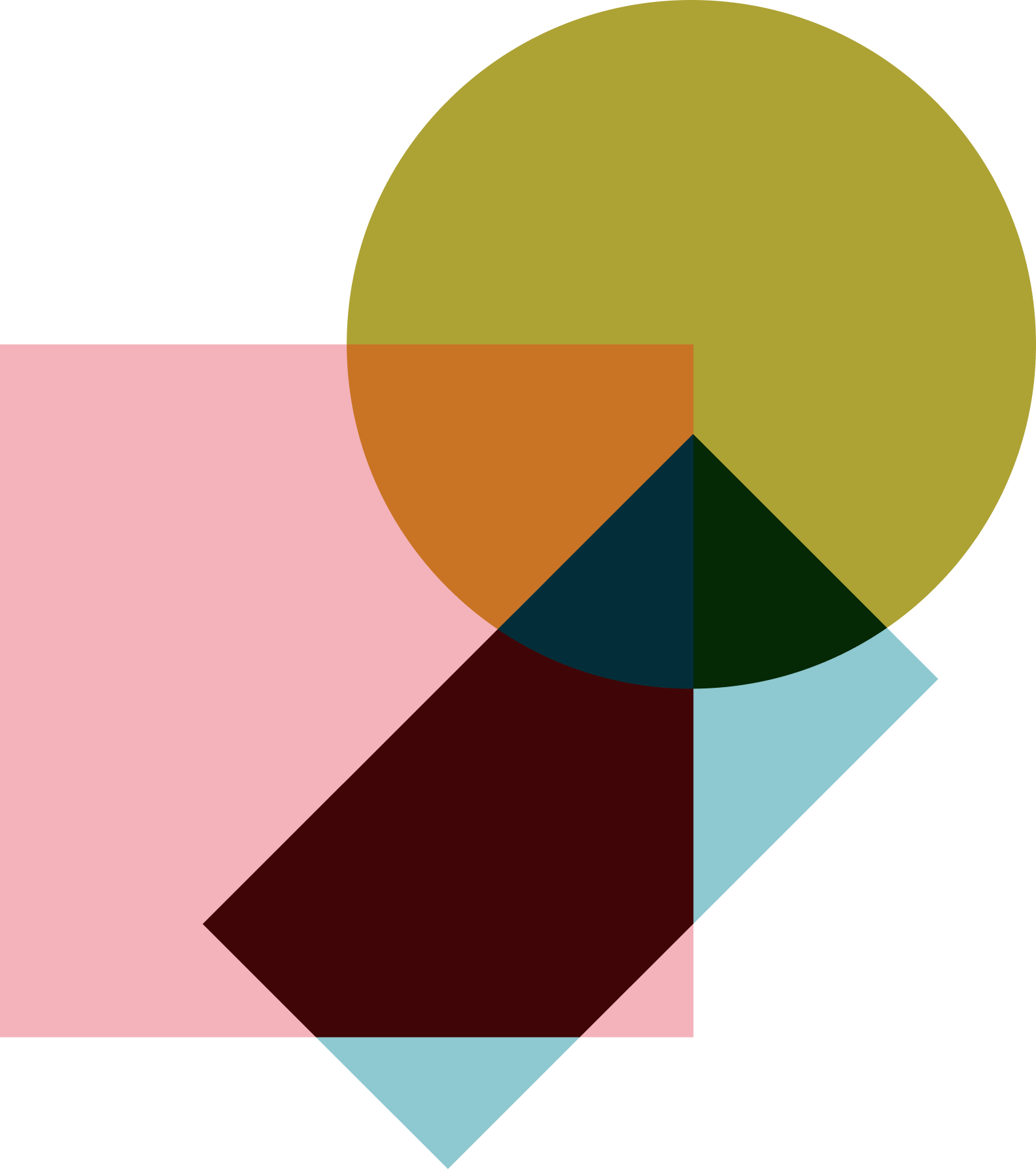 Abstract geometric artwork with overlapping shapes, including a large green circle, a pink square, a maroon diamond, a smaller black square, and a blue parallelogram on a black background.
