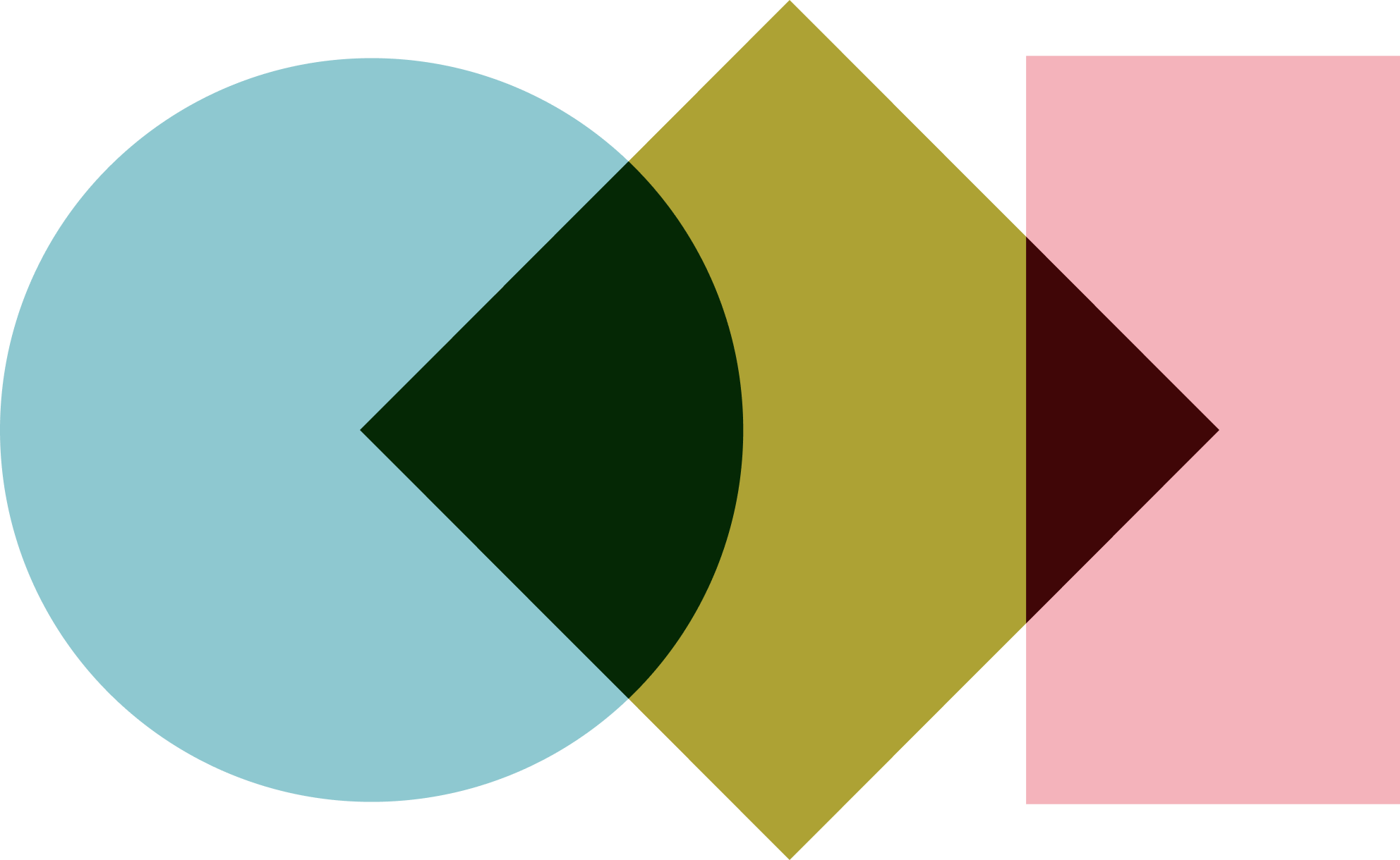 Abstract geometric artwork with overlapping shapes: a large light blue circle, a green diamond, a yellowish-green square, a small dark red square, and a pink rectangle.