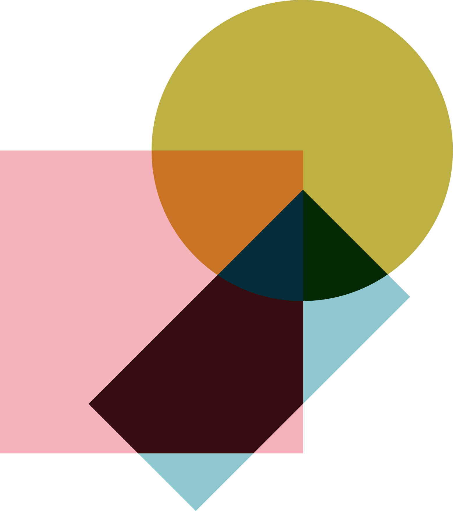 Abstract geometric artwork with overlapping squares and circles in pink, black, gold, orange-brown, dark green, light blue, and turquoise colors.