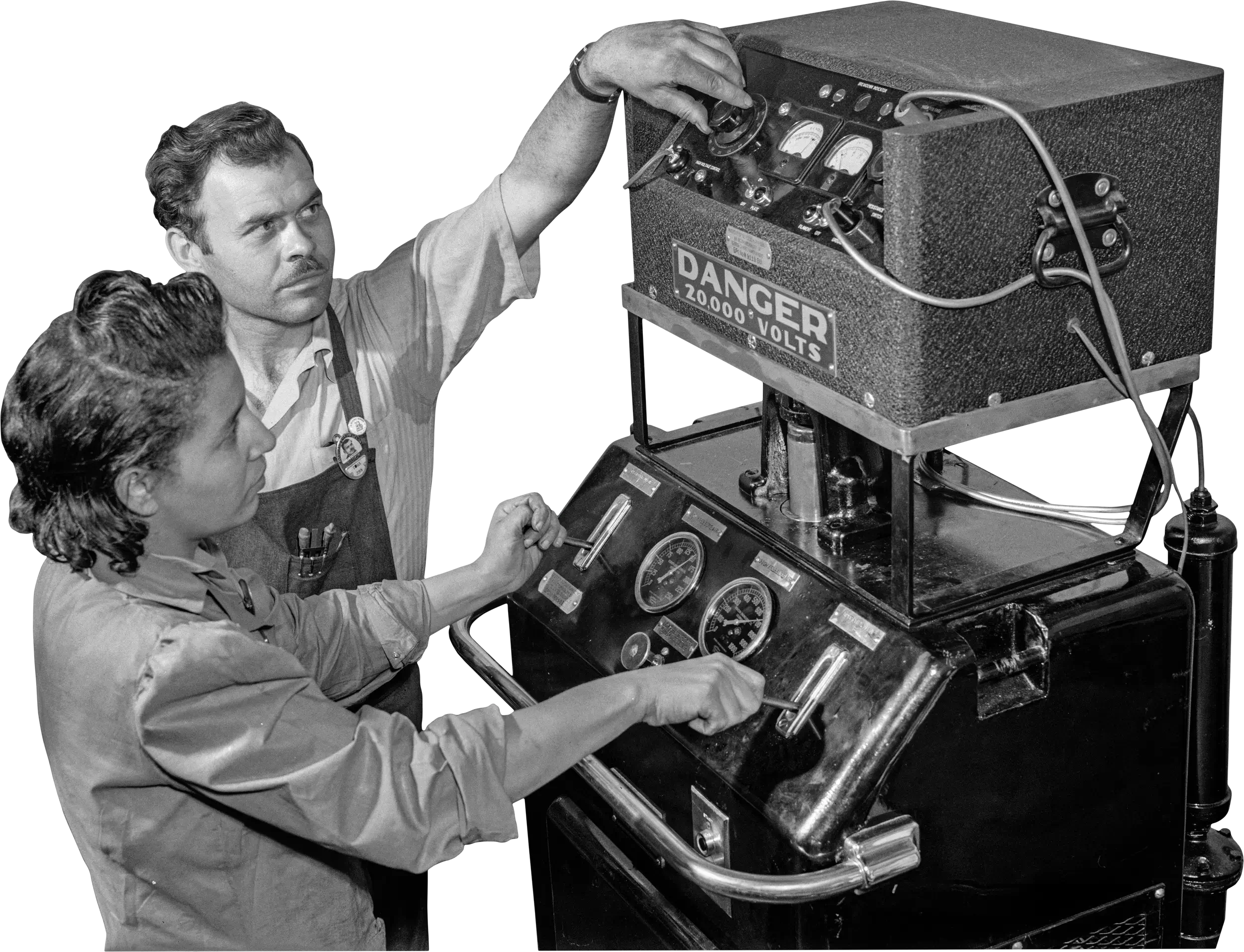 Two men operating an old scientific or medical machine with gauges and controls, labeled as hazardous with a warning of 20,000 volts.