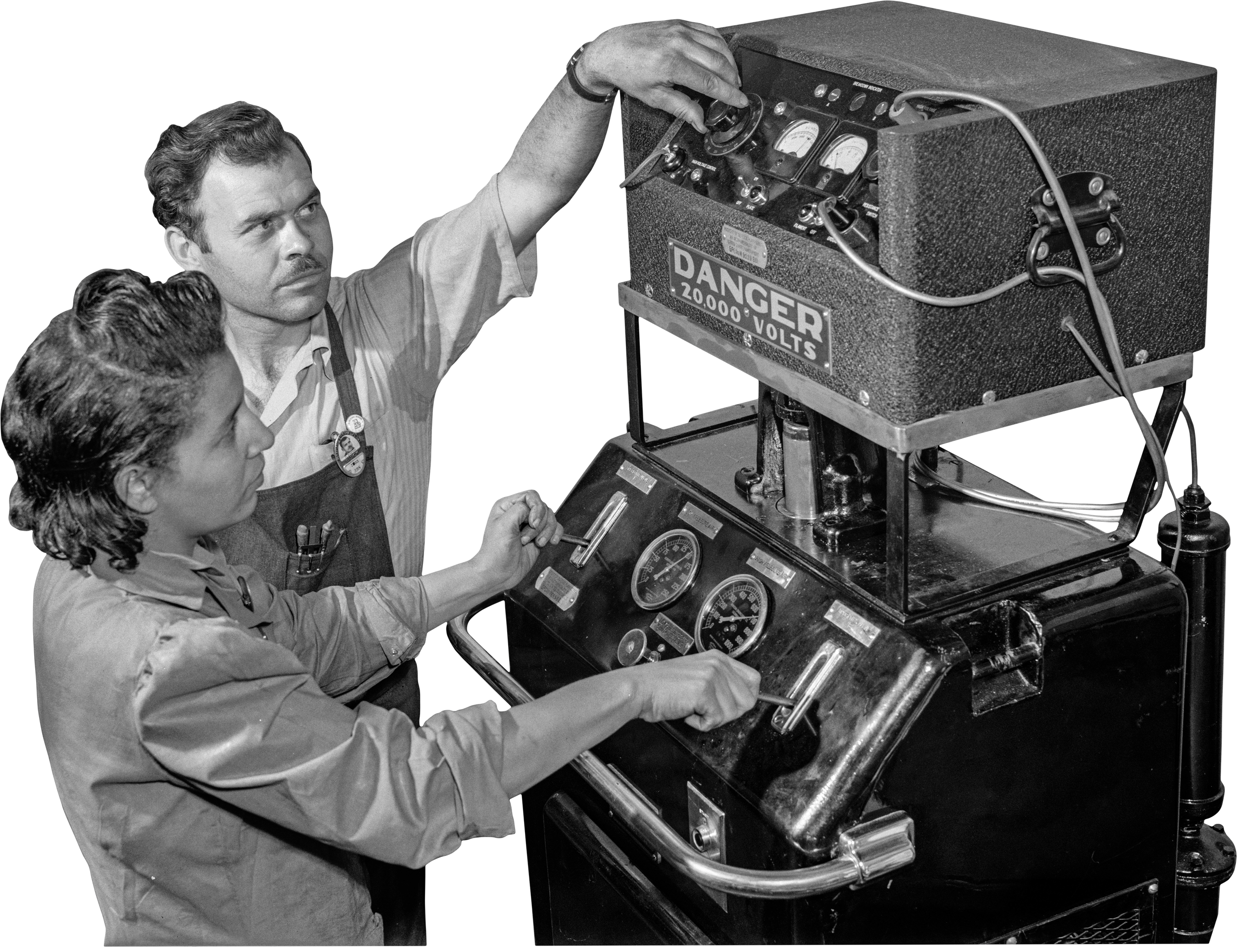 Two men operating an old scientific or medical machine with gauges and controls, labeled as hazardous with a warning of 20,000 volts.