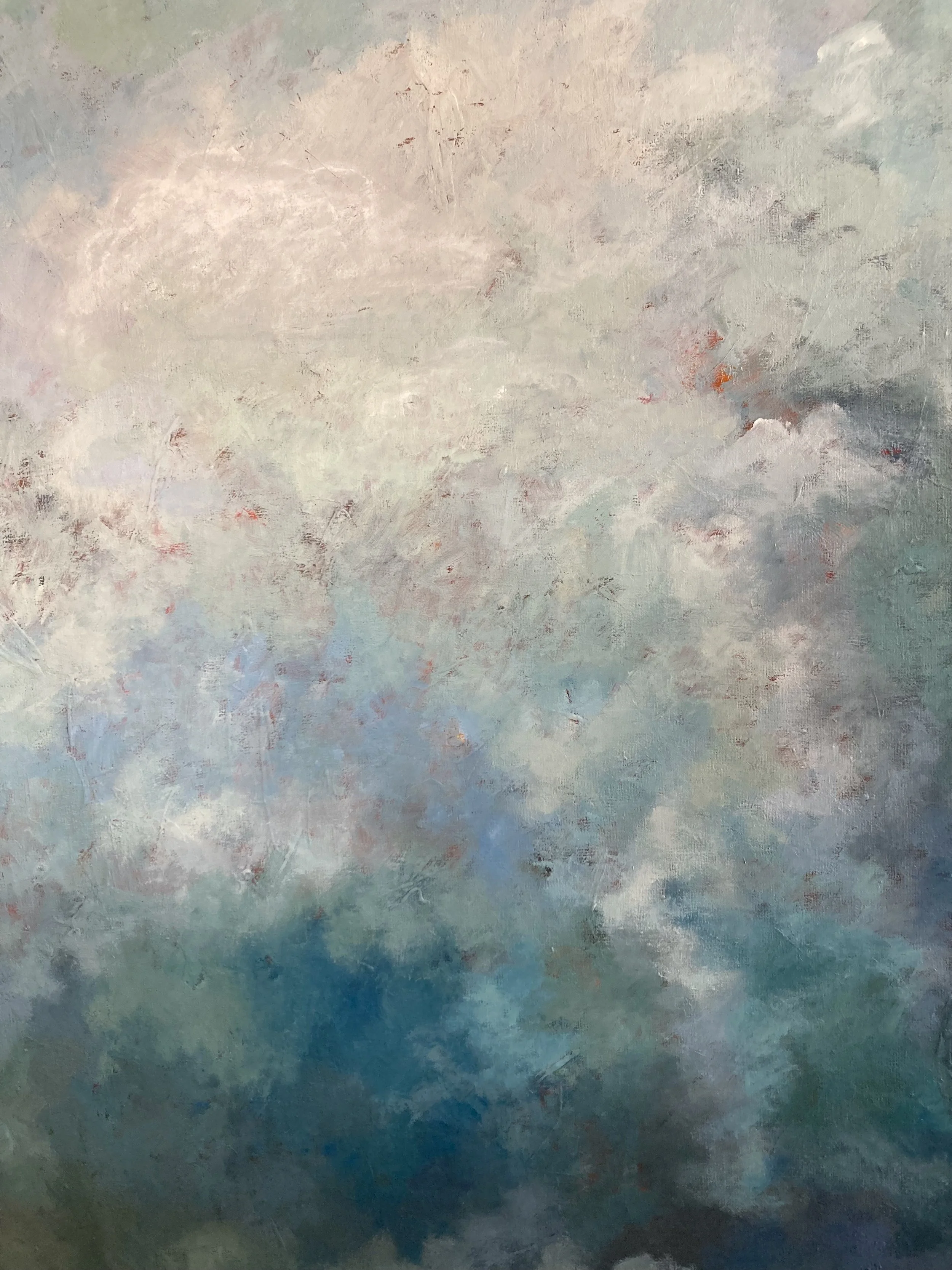 Abstrakt målning med mjuka pastellfärger i blå, grå och rosa nyanser.