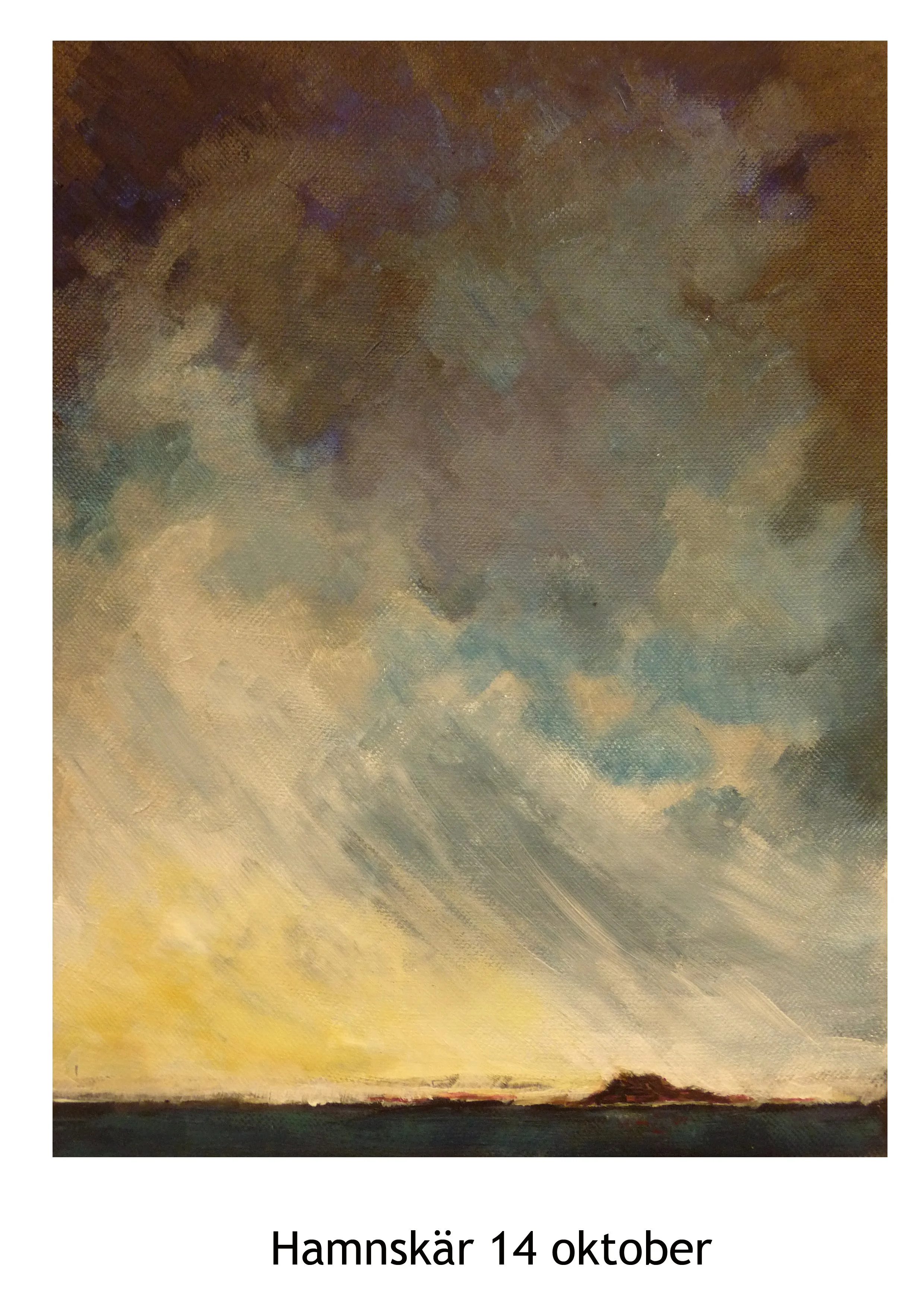 Målning av himmel med mörka moln och en gyllene horisont, kustlinje i bakgrunden, betoning på dramatiskt väder. Applikation av klassiska och impressionistiska stilar.