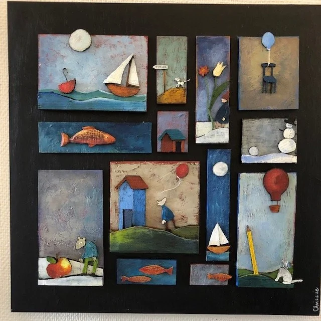 Flera små målningar med olika scener av sommar, hav, fisk, människor och hus, samlade på en svart bakgrund.