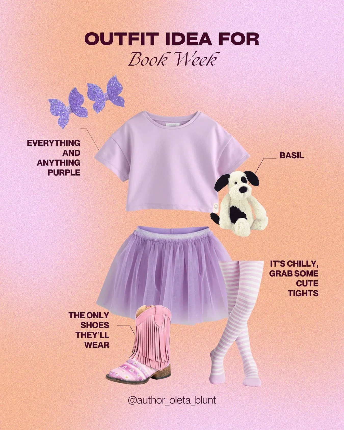 Looking for an easy Book Week idea?

Dress your little one as Isla from May I Hug You? no sewing required, and you probably already have everything you need at home.

Think soft purples, a favourite pair of shoes, some striped tights for warmth, and 