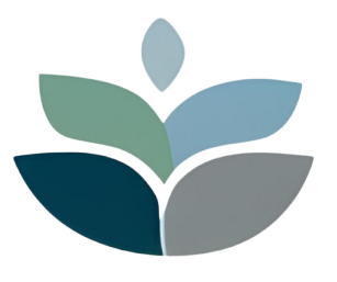 Een logo met vier bladeren in verschillende tinten groen, blauw en grijs, gerangschikt rond een centrale vorm.