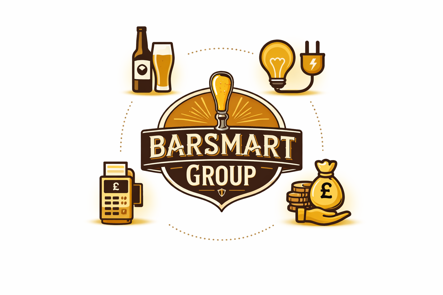 Logo for BarSmart Group with a central light bulb and various icons around it, including a beer bottle and glass, an energy light bulb with plug, a cash register, and a hand holding coins and a money bag.
