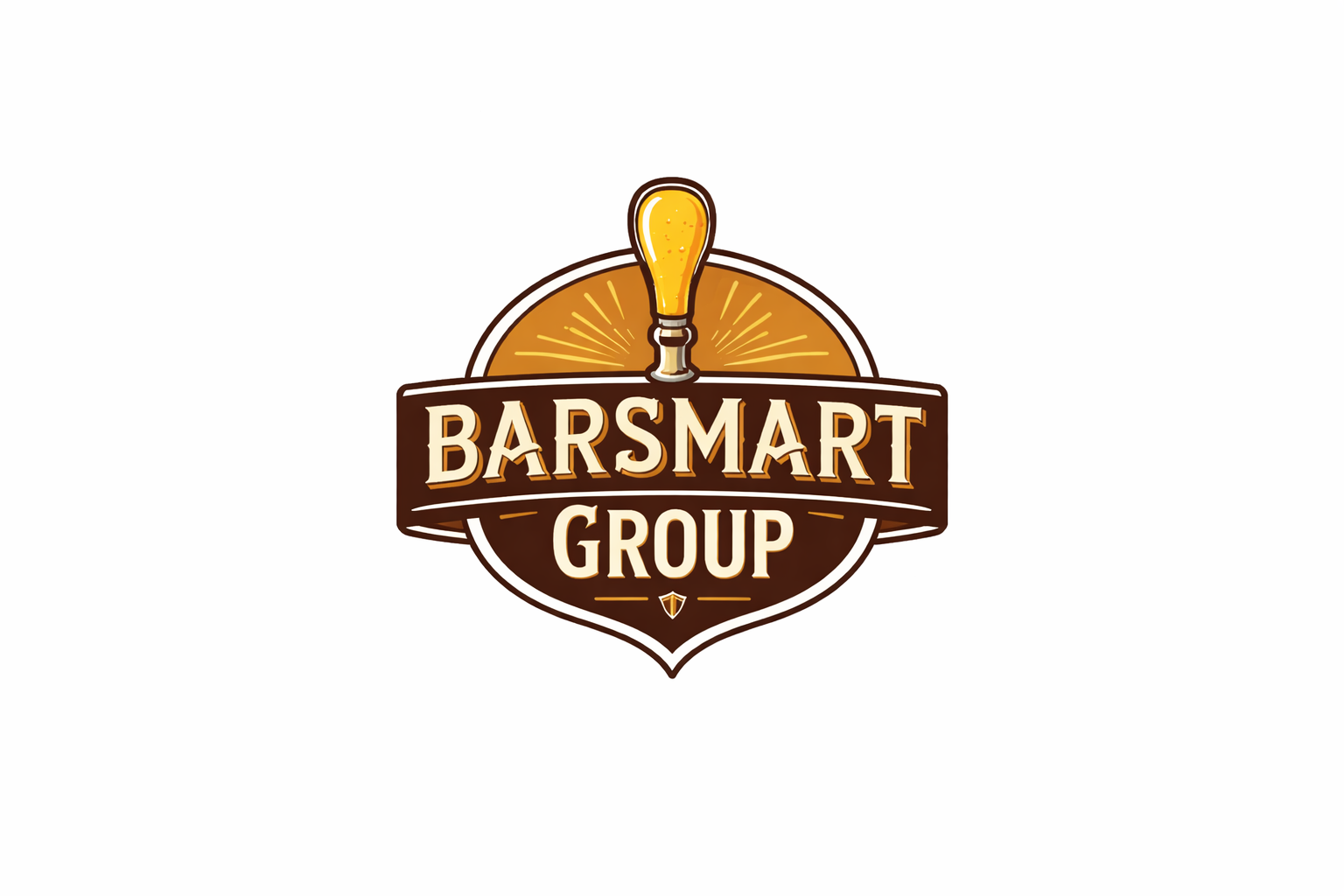 Logo for Barsmart Group featuring a beer tap with yellow beer, with orange and brown background elements, and the text 'Barsmart Group' in bold letters.