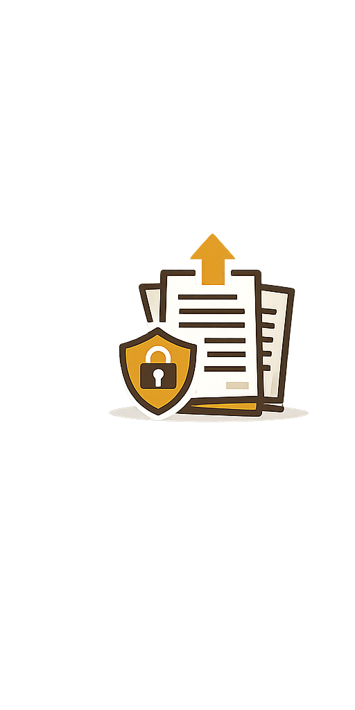 Graphic of documents with an upward arrow and a security shield icon, symbolizing data security or document upload security.