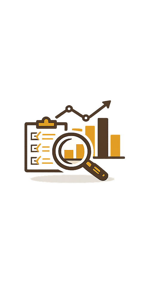 Graphic depicting data analysis with a clipboard, magnifying glass, and bar charts on a dark background with blue and purple light effects.