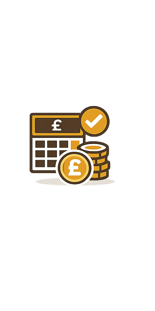 Illustration of a calculator with a British pound symbol, a stack of coins, and a checkmark, representing financial calculation or currency exchange.
