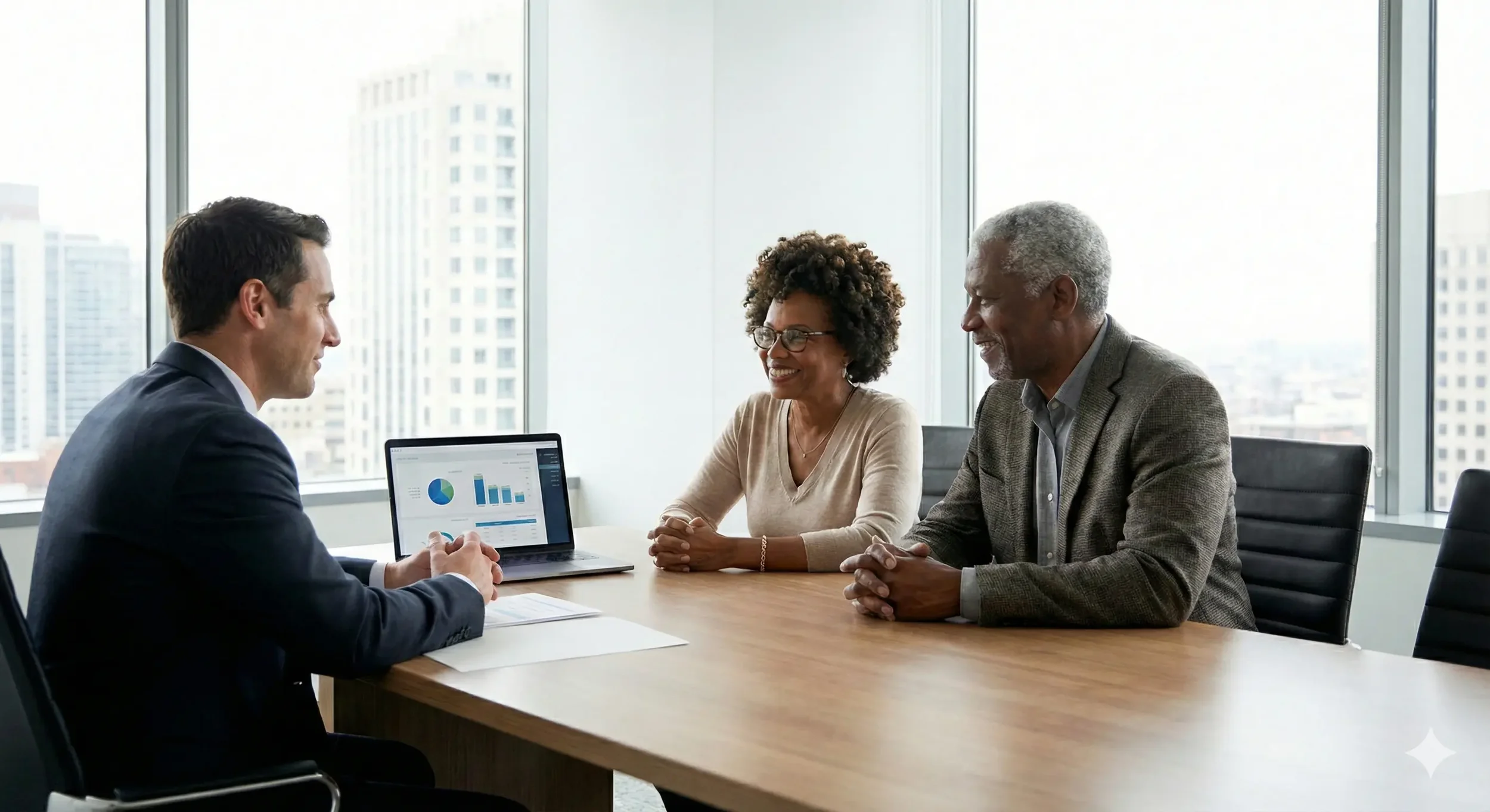 Financial advisor meeting with a couple in a modern office