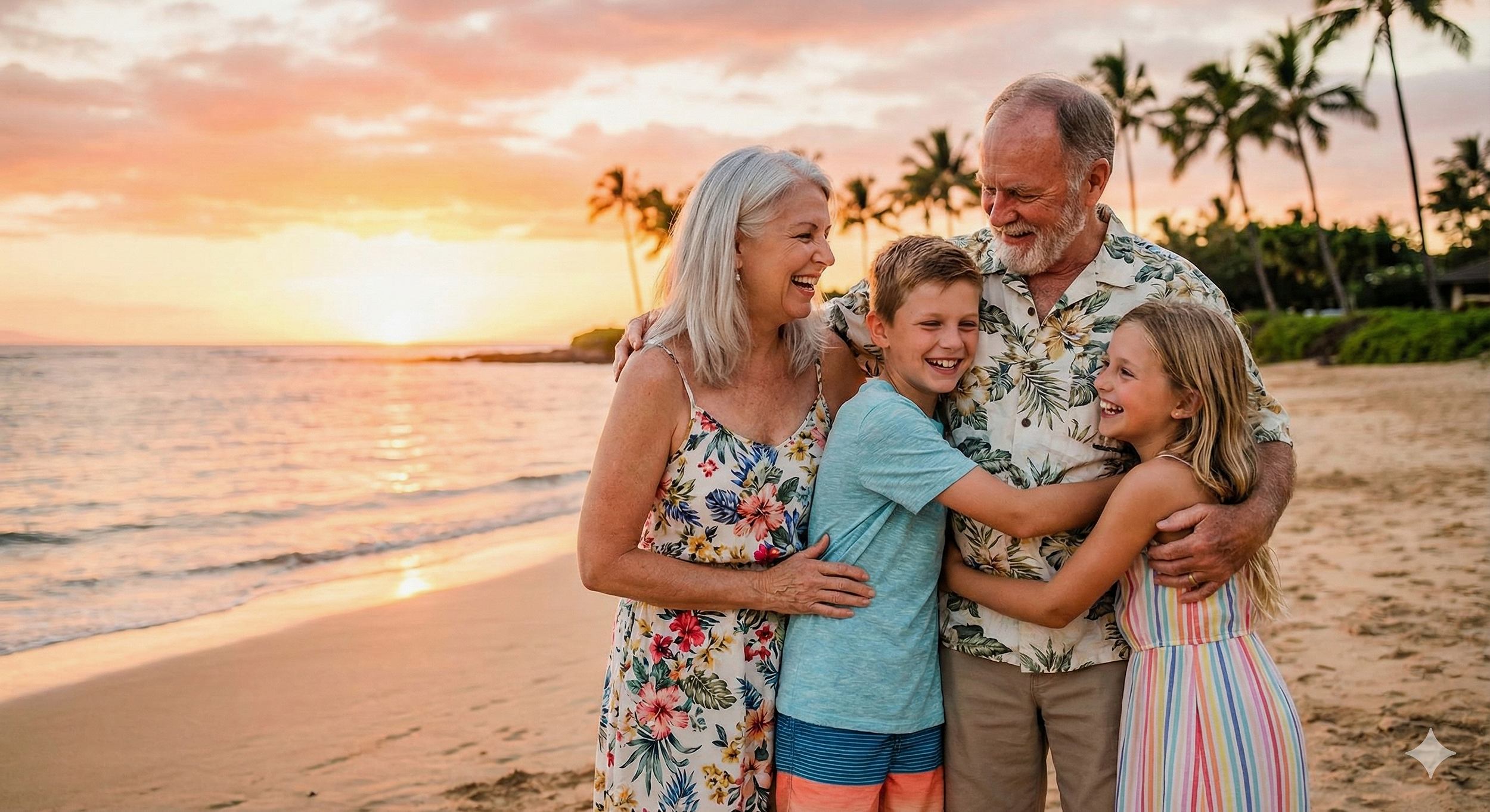 A happy multigenerational family of four embracing on a beach during sunset, with palm trees in the background.