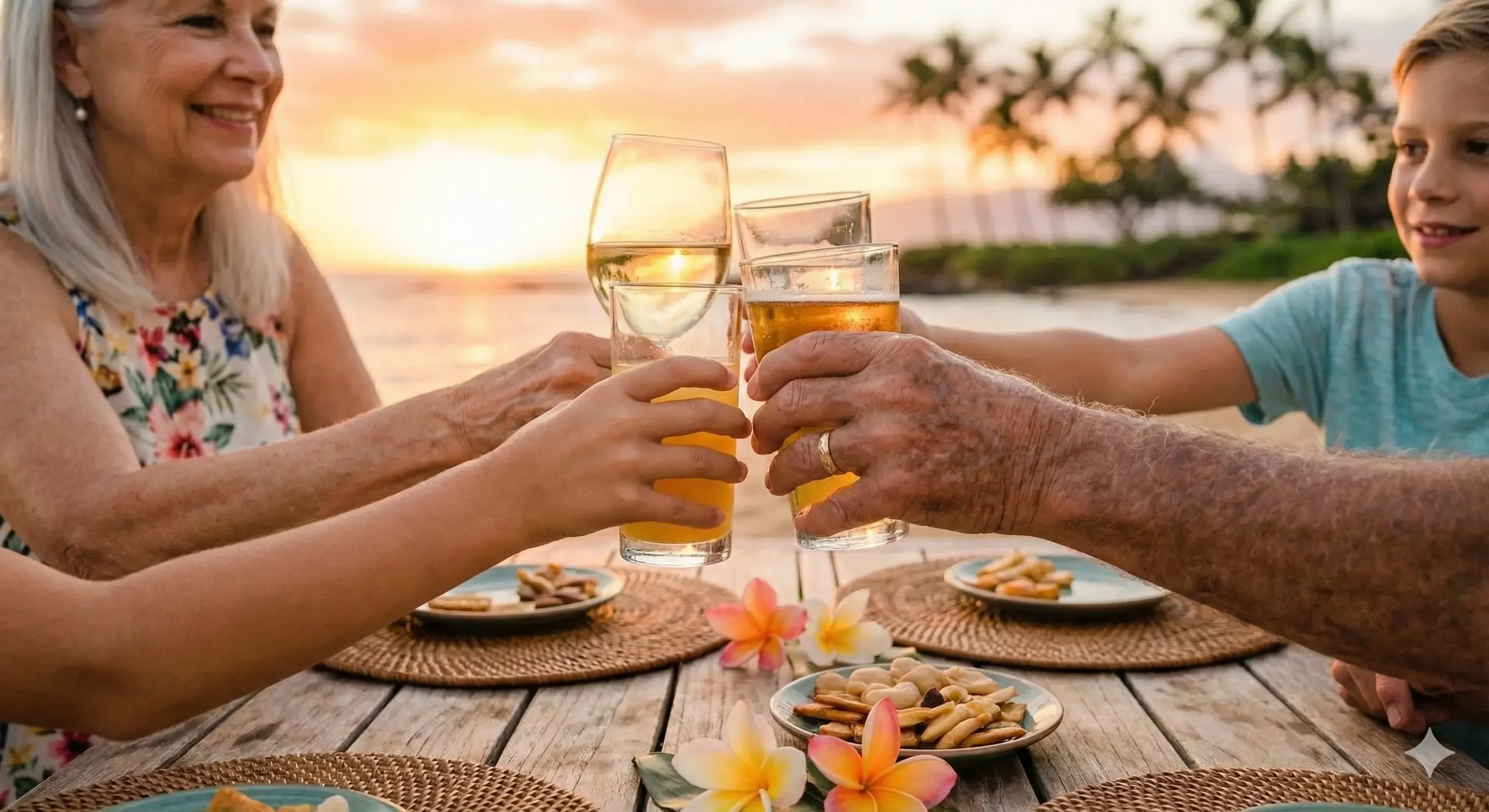 Family members raising glasses together at an outdoor table during sunset