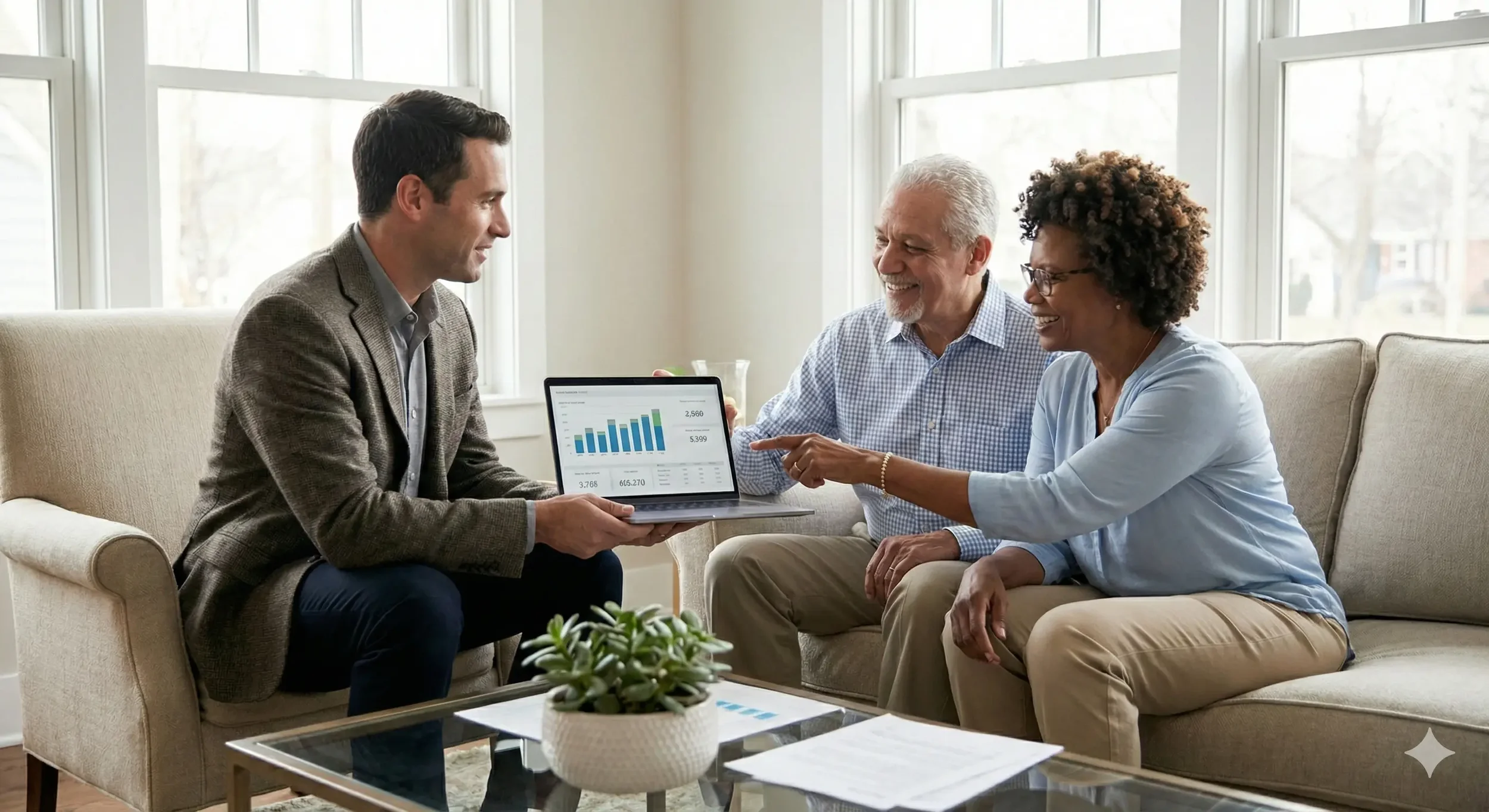 Advisor discussing financial information with a couple at home