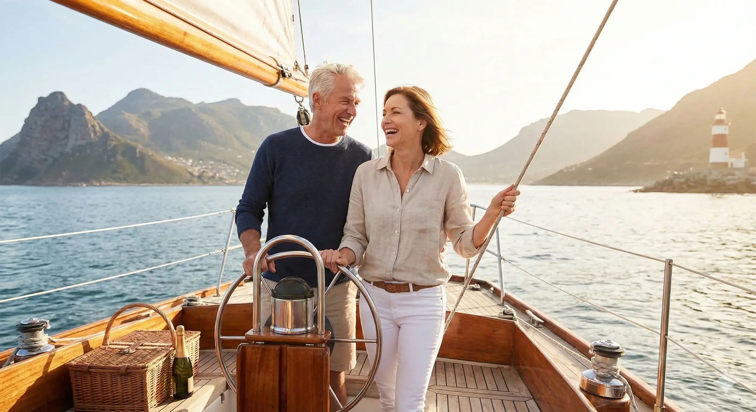 Couple smiling together while sailing on a boat with mountains in the background