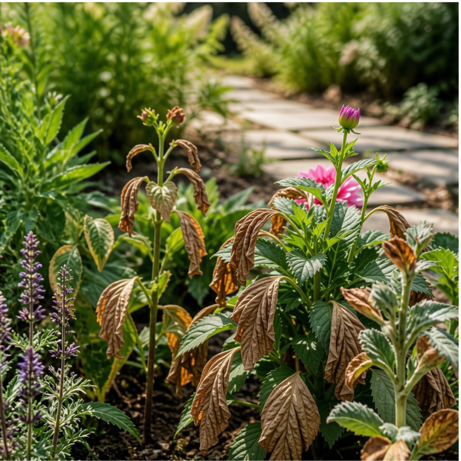 Underwatering (drought stress) - Leaves and stems feel dry, crisp and brittle. Leaf tips and edges often brown first, sometimes curling inward. Wilts, but may perk back up within a few hours of watering. In pots, soil may visibly shrink away from the