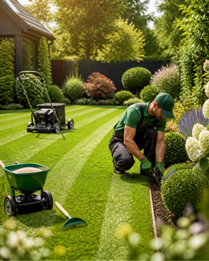 A man working in a well-maintained garden, planting or tending to plants along the edge of a flower bed with garden tools nearby on the lush green lawn.