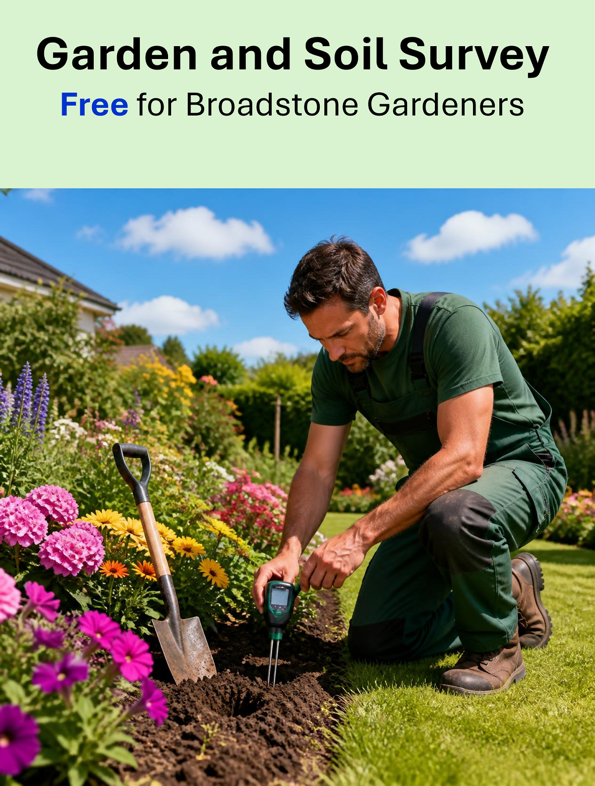 Soil analyses, planting and conditioning advice. Garden report.

Free service for all Broadstone members.

No obligation to purchase any paid services