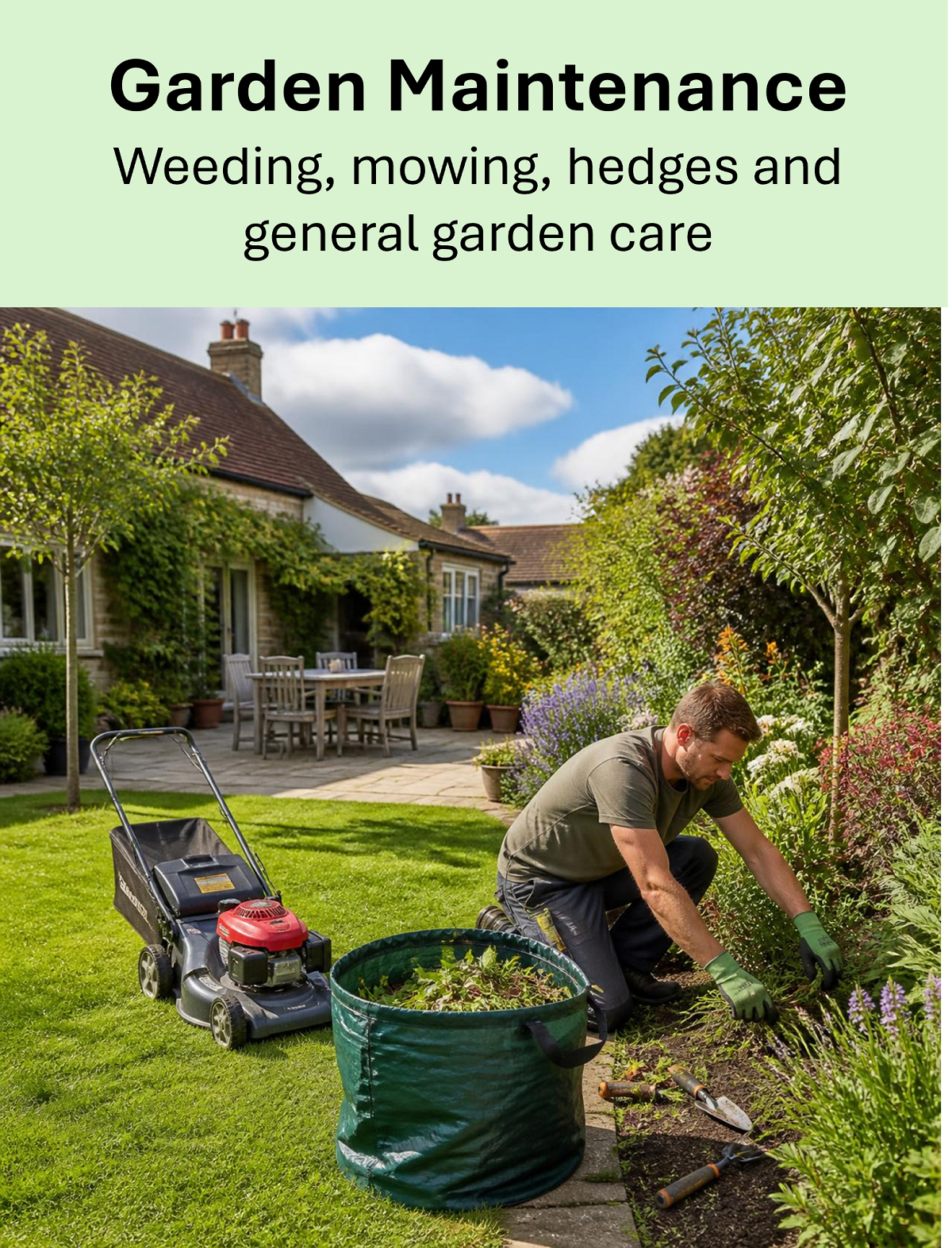 Helping to keep your garden looking great all year. Lawn care, hedge cutting, planting, soil improvement, general weeding, garden tidy, green waste clearance.