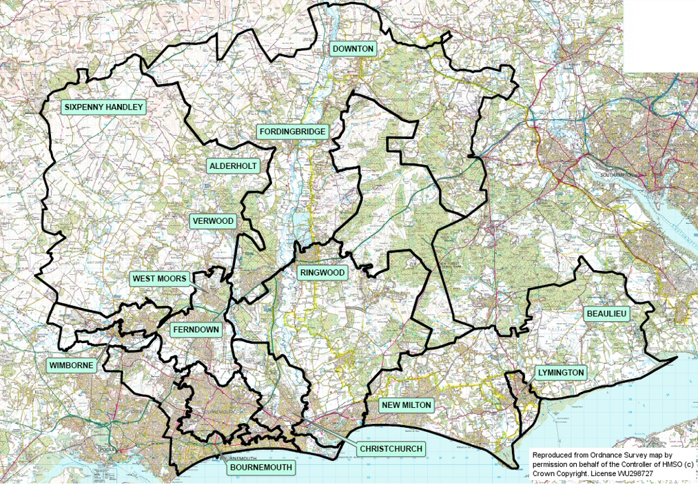 Map of districts in a specific region, including labels for districts such as Christchurch, Bournemouth, Ferndown, Wimborne, West Moors, Verwood, Alderholt, Sixpenny Handley, Fordingbridge, Downton, Ringwood, Beaulieu, Lymington, and New Milton.