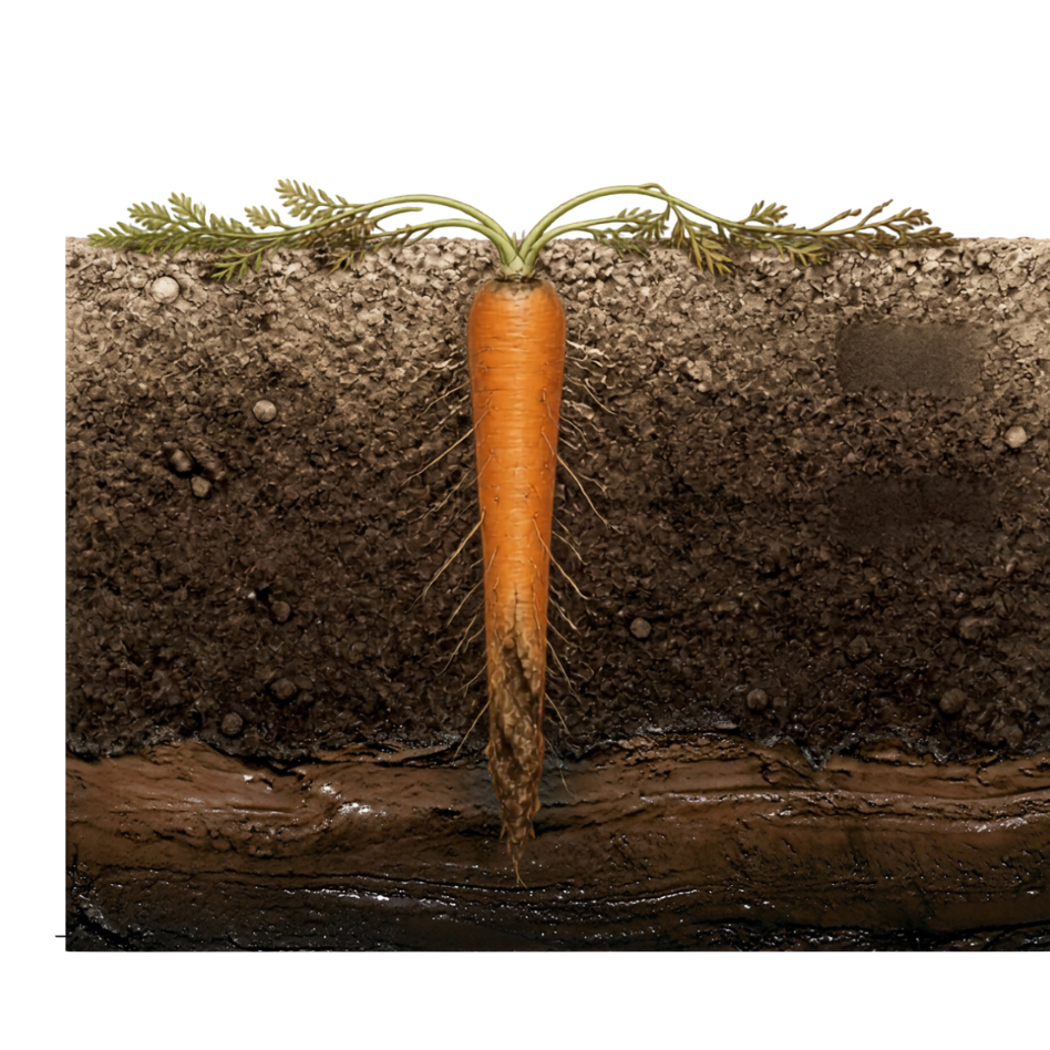 Cross-section view of soil showing a carrot growing underground with leafy greens above ground